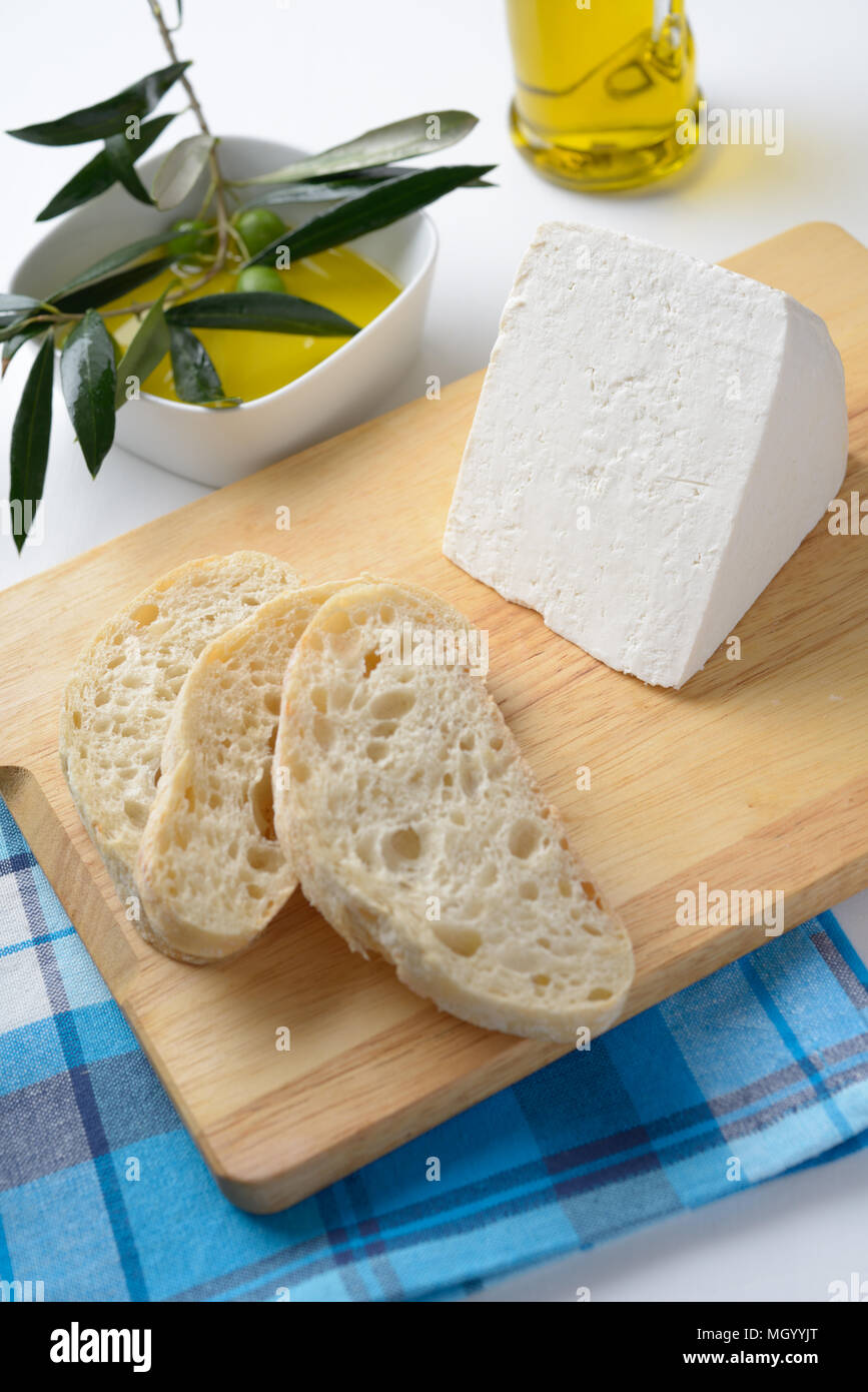 Feta cheese, bread, and olive oil Stock Photo Alamy
