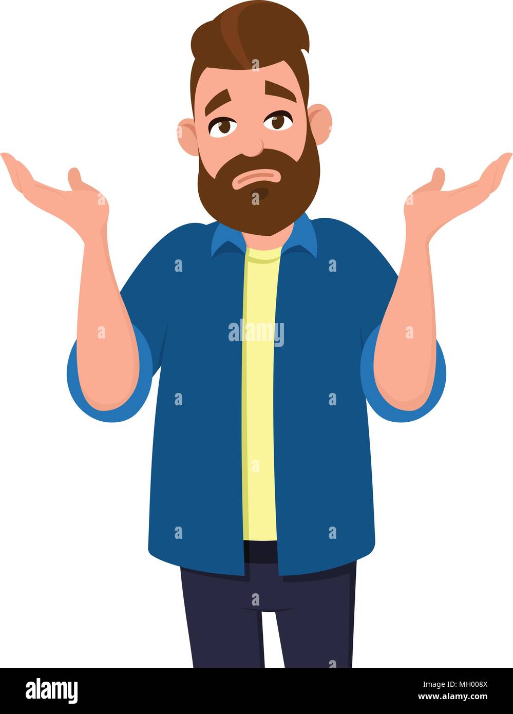 I dont know - Man shrug - Raising hand - No - Oops - Question - Doubt - Expression Stock Vector