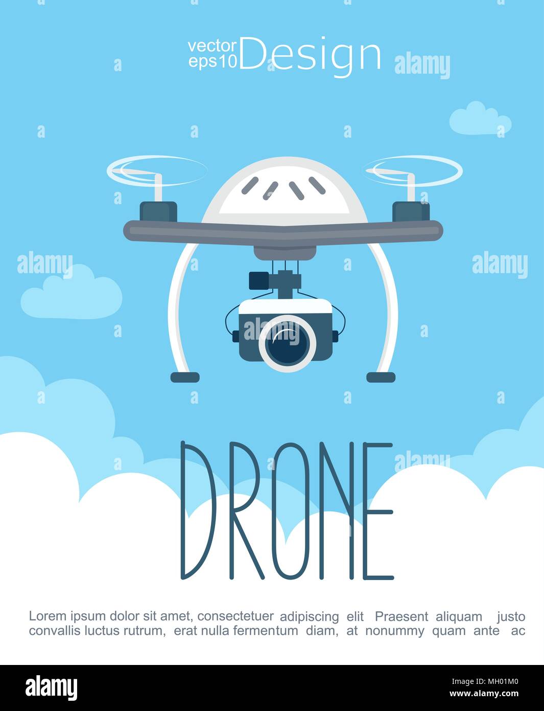 Concept of the flying drone with the camera on the sky background. Vector illustration. Stock Vector