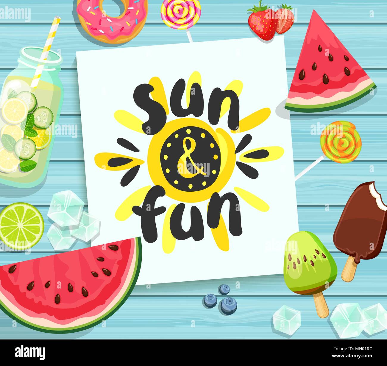 Sun and Fun card on blue wooden background with watermelon, detox, ice, donut, ice cream, lime and candy. Vector Illustration. Stock Vector