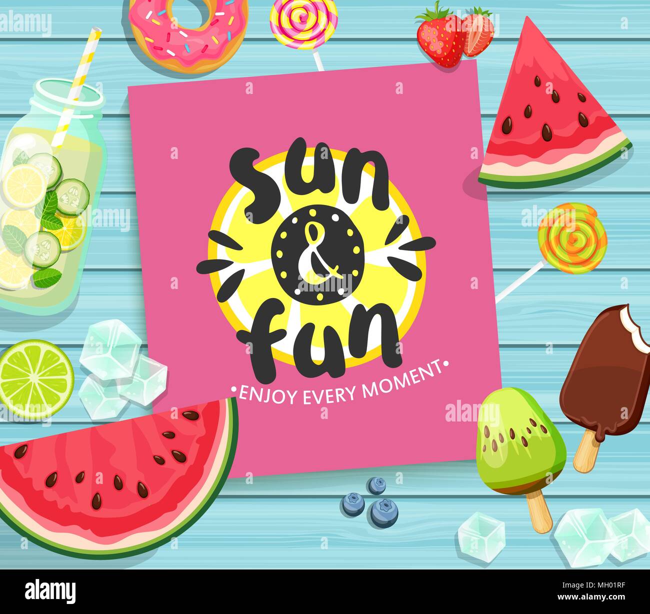 Summer card on blue wooden background with lemon, watermelon, detox, ice, donut, ice cream, lime and candy. Vector Illustration. Stock Vector