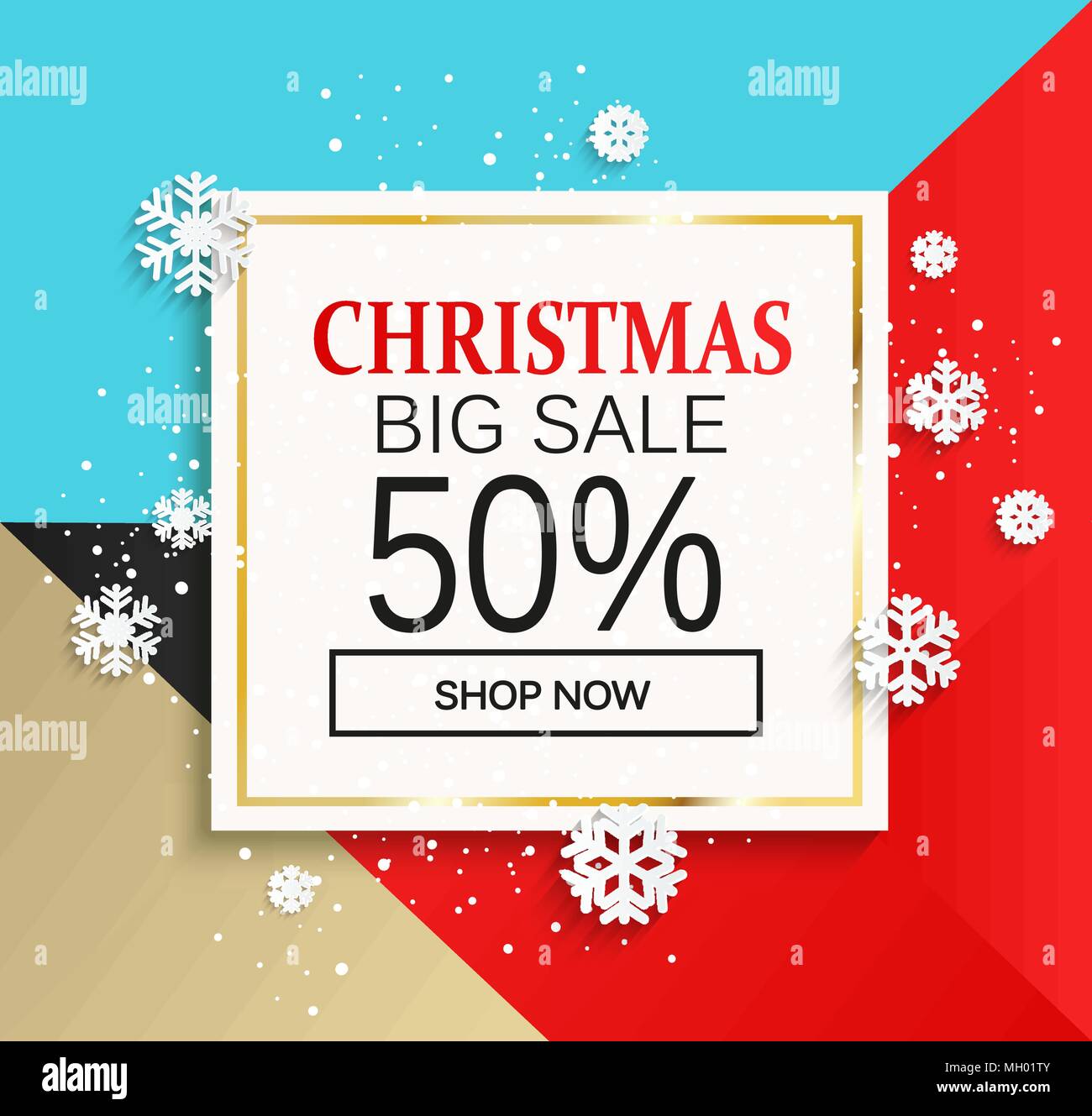 Christmas big sale banner. Card for shop now on colorful geometric background with snowflakes. Vector illustrations. Stock Vector