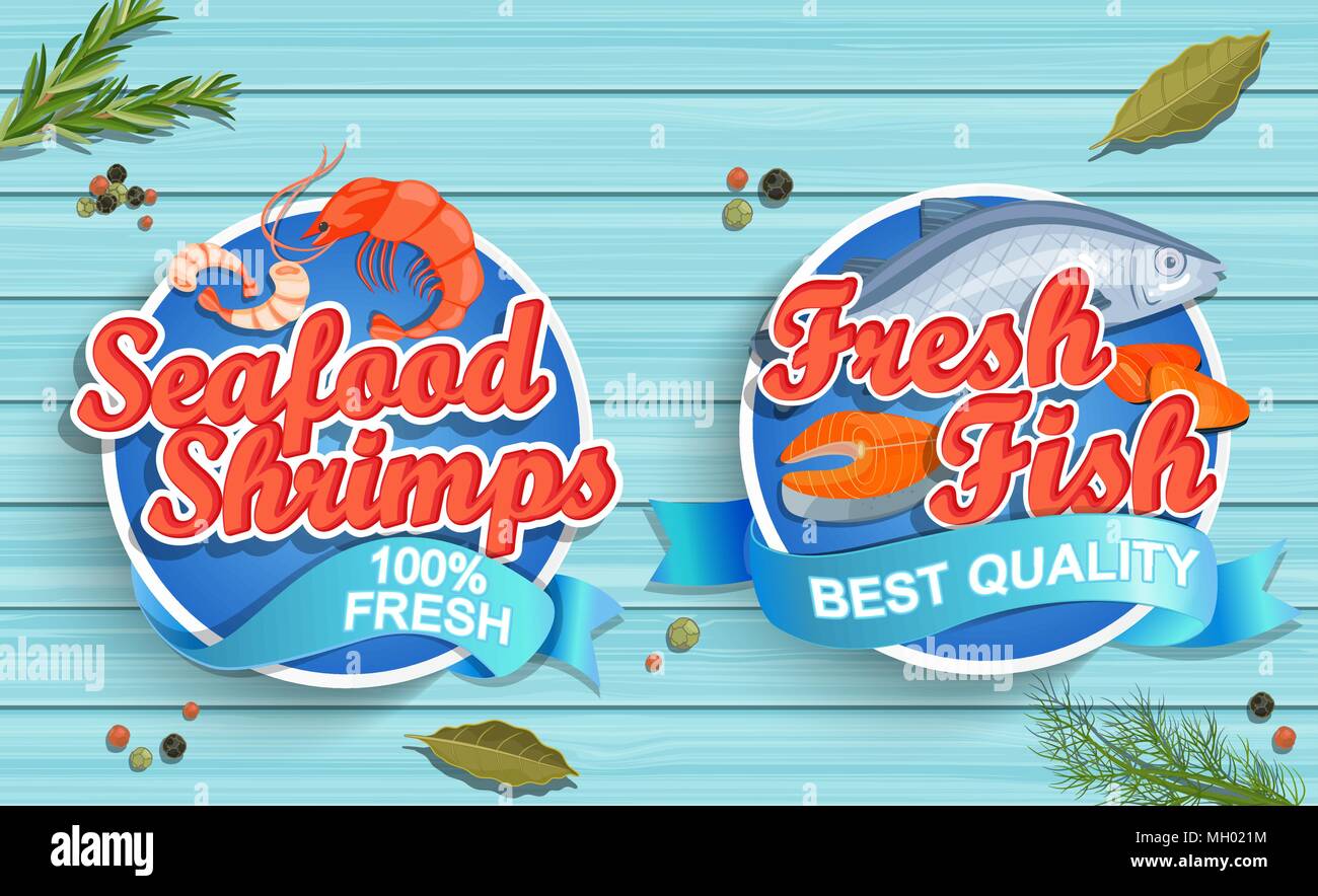 Seafood logos on blue wooden background. Seafood shrimps and fresh fish emblems and logos. Vector illustration. Stock Vector