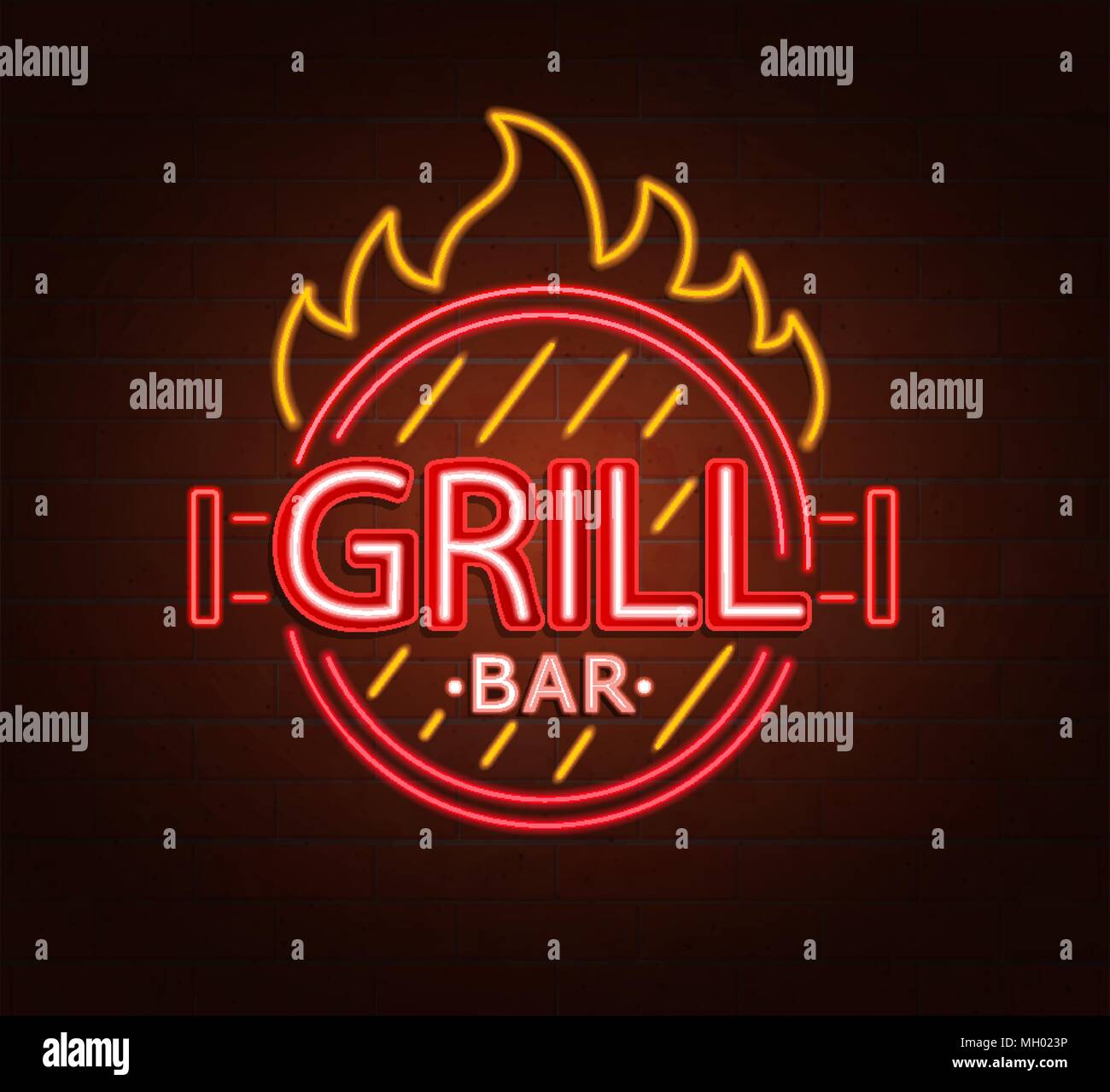 Neon sign of grill bar, bright signboard, light banner. Grill bar logo, emblem and symbol. Vector illustration. Stock Vector