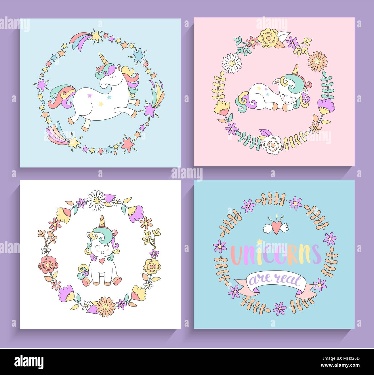 Set of magical unicorns cards with circle frames and lettering. Vector ...