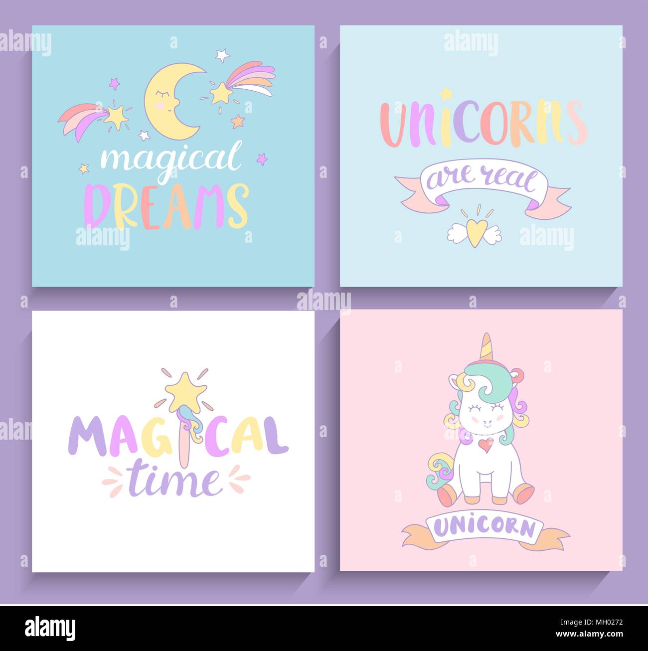 Set of magical unicorns cards with lettering. Vector illustration for ...
