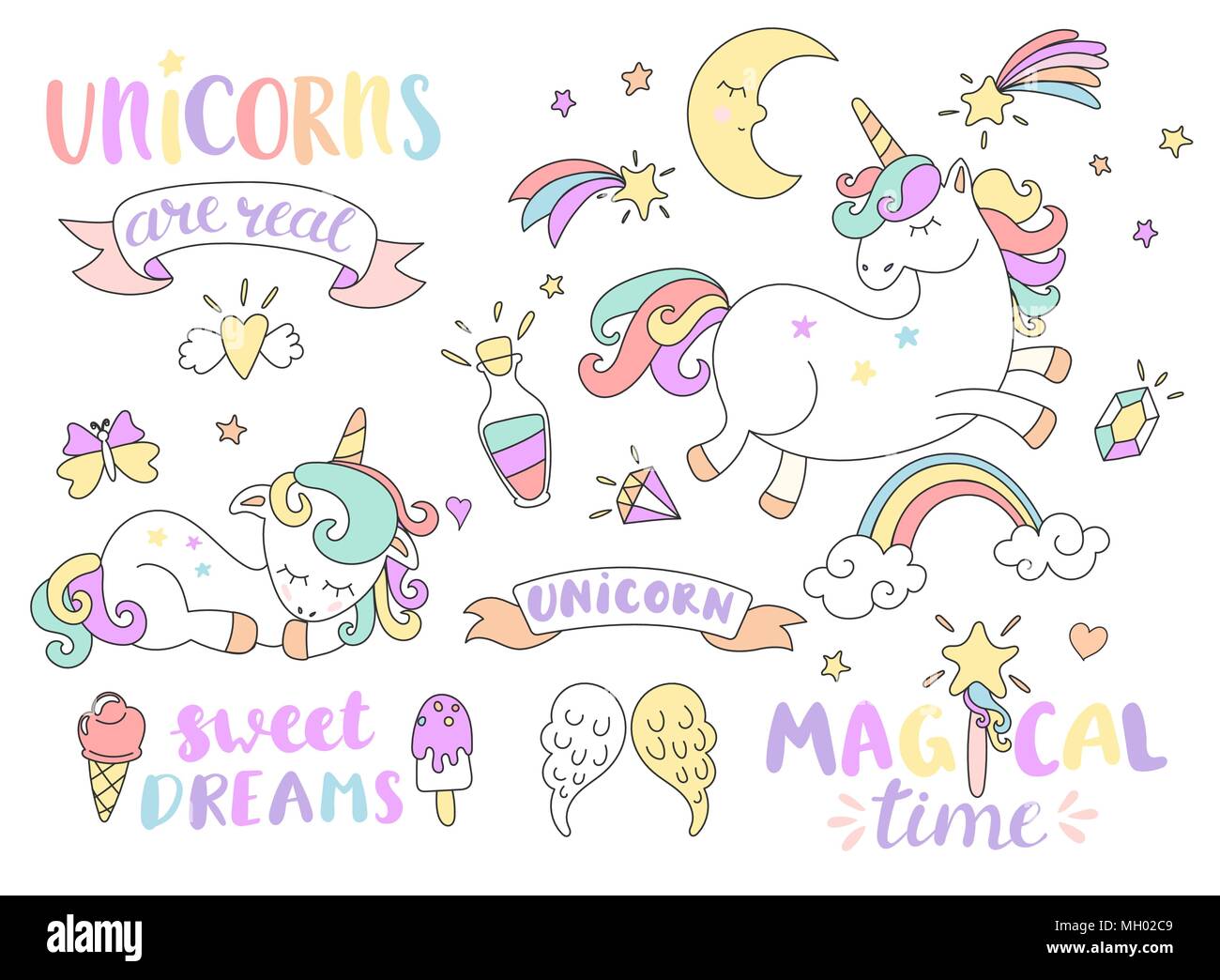 Set Of Unicorns And Different Fairy Tales Elements With Some Lettering