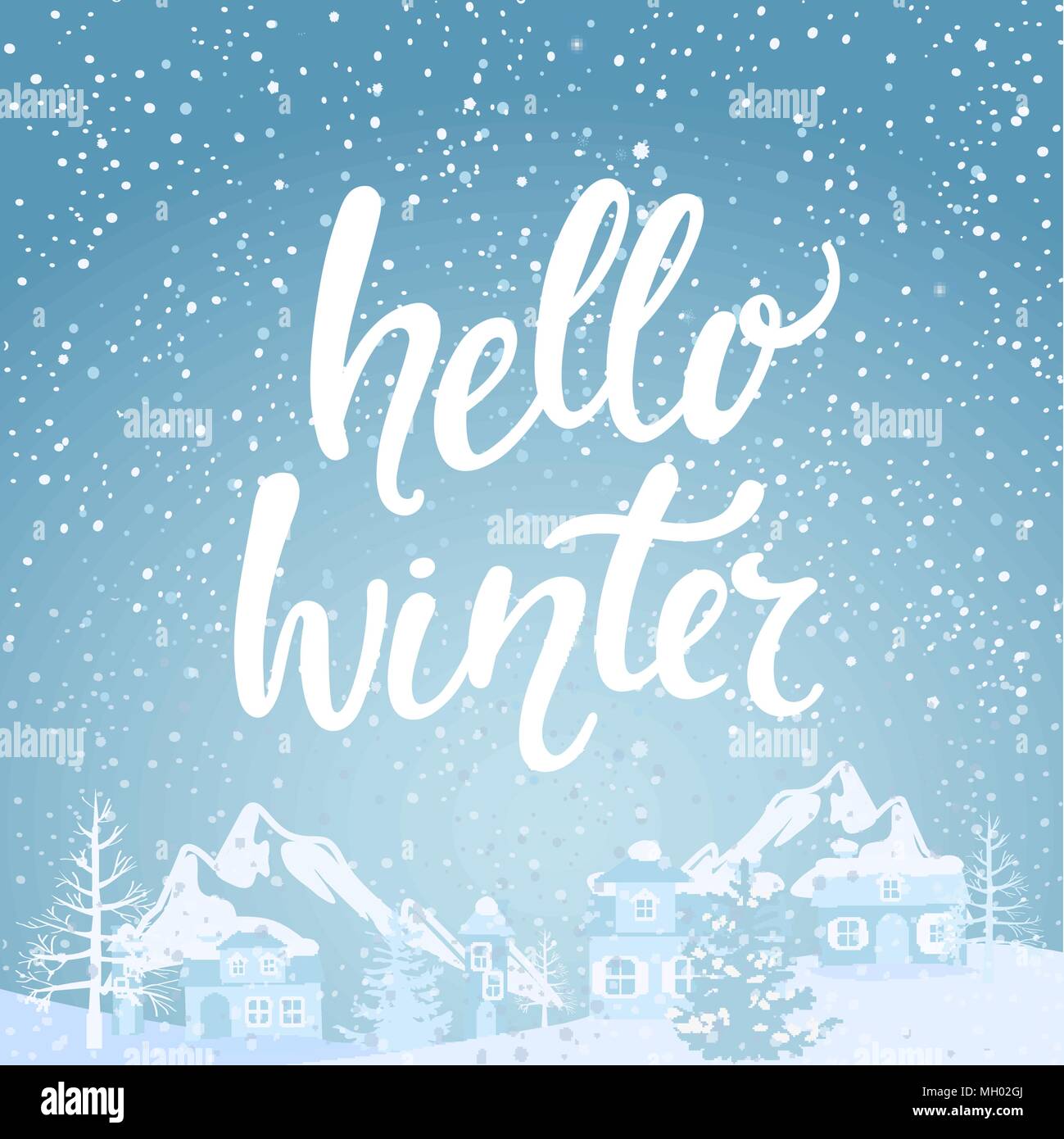 Hello Winter Banner With Lettering Snowfall On The Background Of
