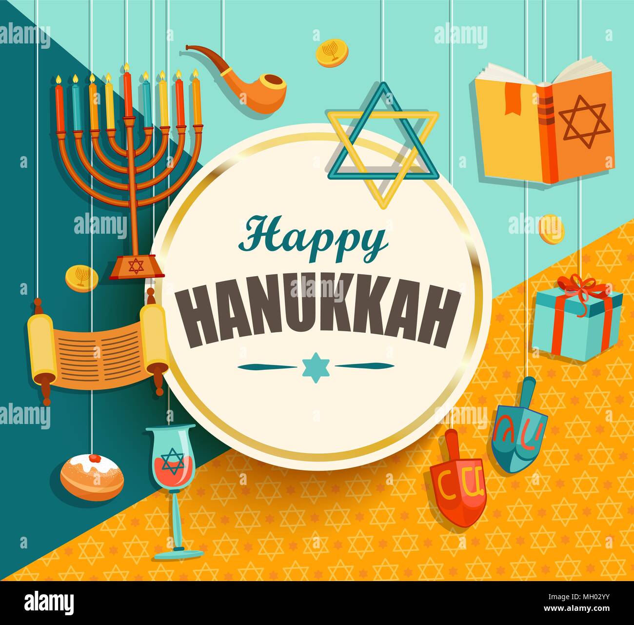 Hanukkah card with golden frame on geometric background with different hanukkah symbols. Vector illustration. Stock Vector