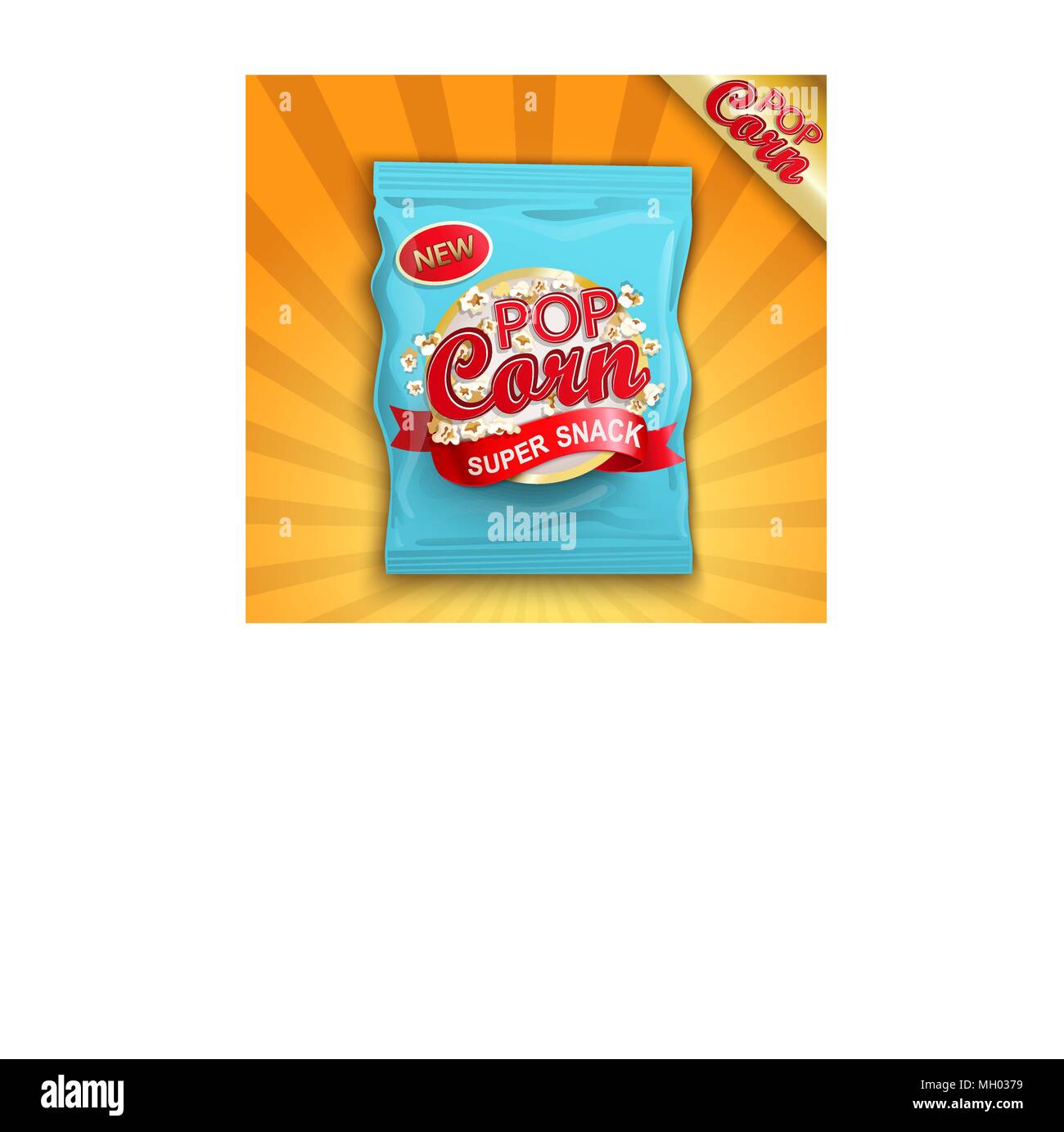 Packing with label of super snack - popcorn. Vectot illustration. Stock Vector