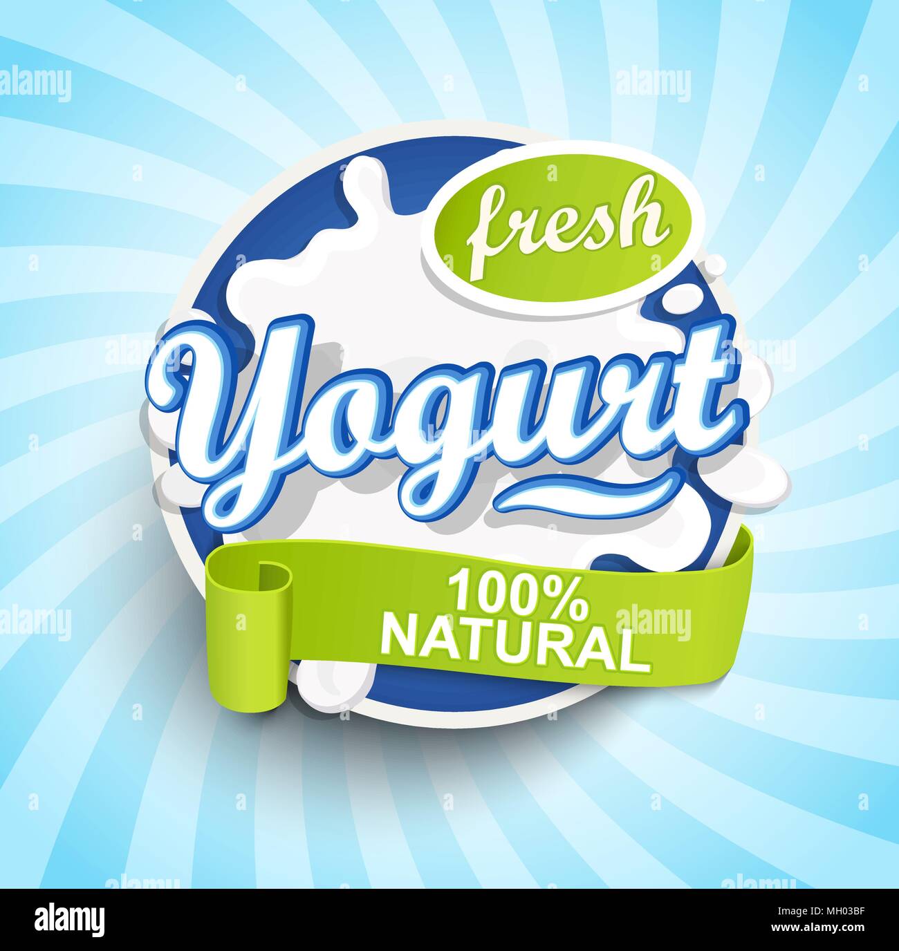 Fresh and Natural Yogurt label splash with ribbon on blue sunburst
