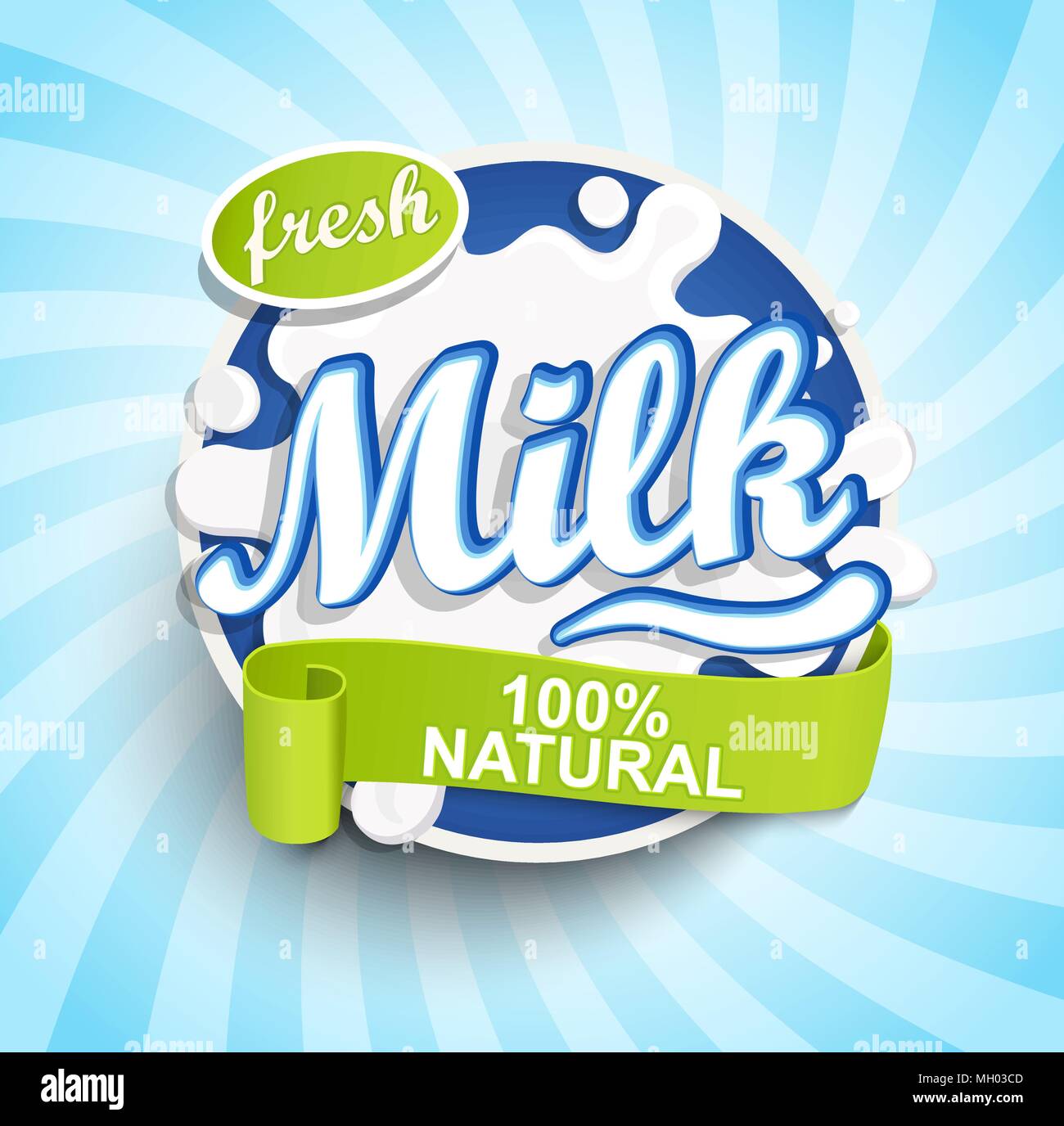 Fresh and Natural Milk label splash with ribbon on blue sunburst background for logo, template, label, badge, emblem for groceries, agriculture stores, packaging and advertising.. Vector illustration. Stock Vector