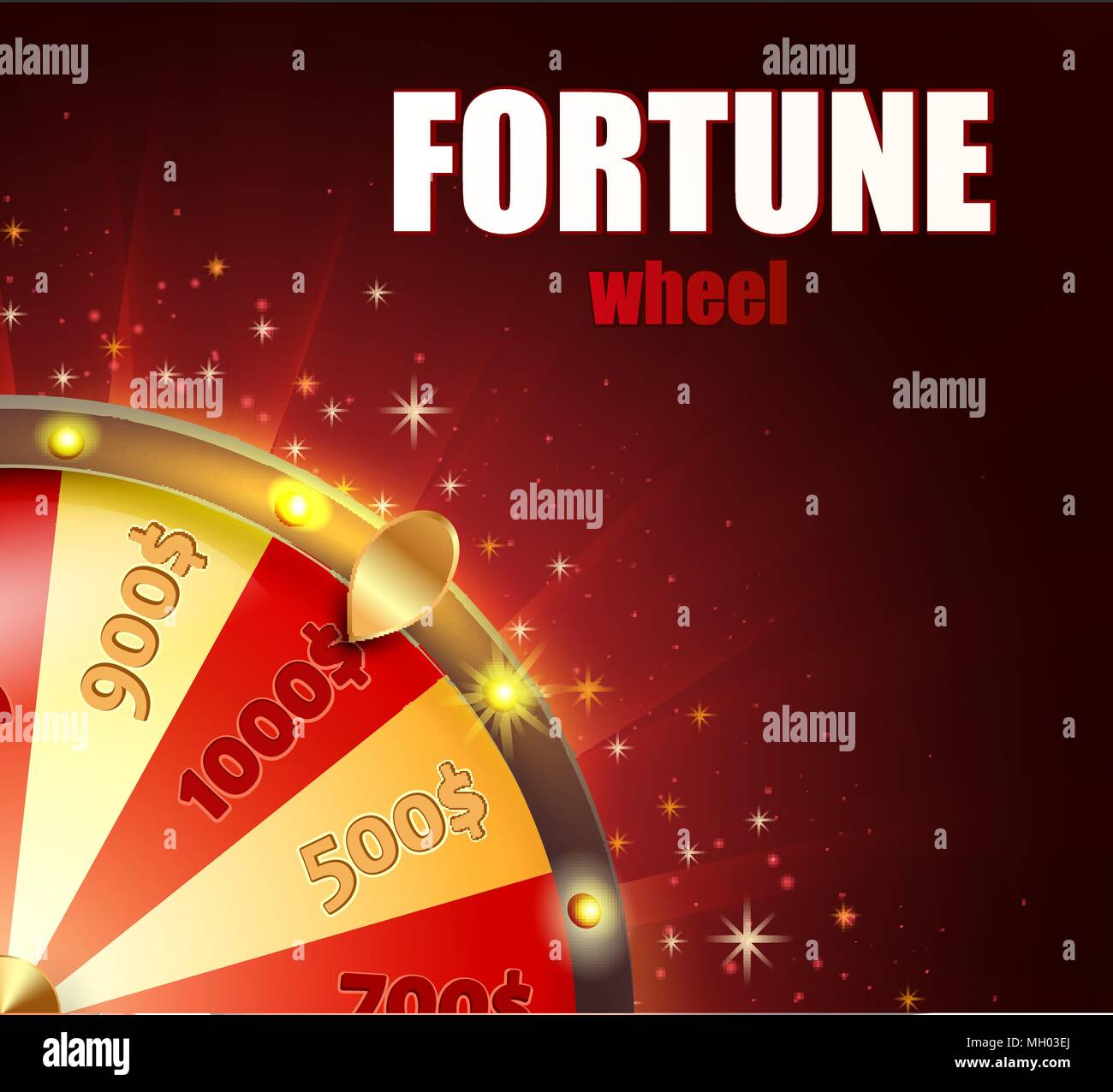 Symbol of spinning fortune wheel in realistic style. Shiny lucky roulette for your design on red glowing background with place for your text. Vector illustration. Stock Vector