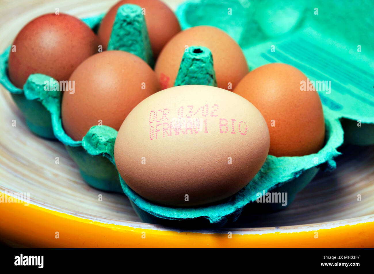 egg-box hen-eggs stamps knows producer-code eggbox food egg boiled egg  imprint stand-form egg-rubber-stamps manufacturer-proof Stock Photo - Alamy