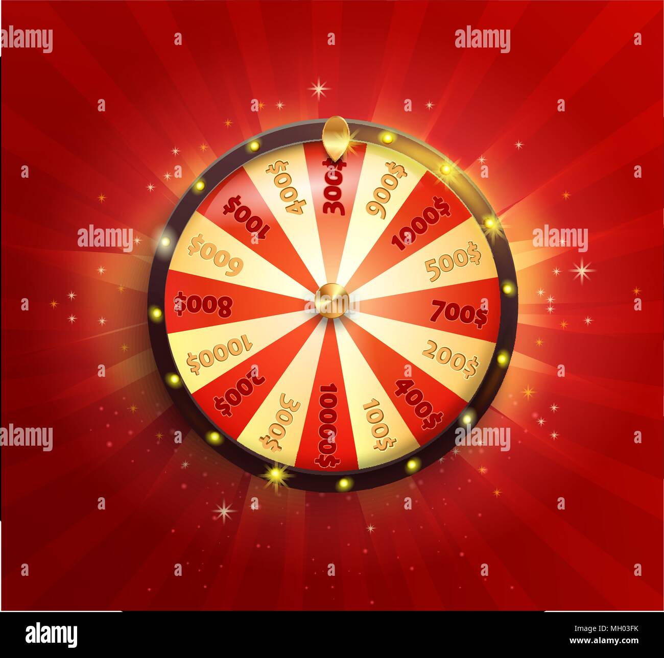 Symbol of spinning fortune wheel in realistic style. Shiny lucky roulette for your design on red glowing sunburst background. Vector illustration. Stock Vector