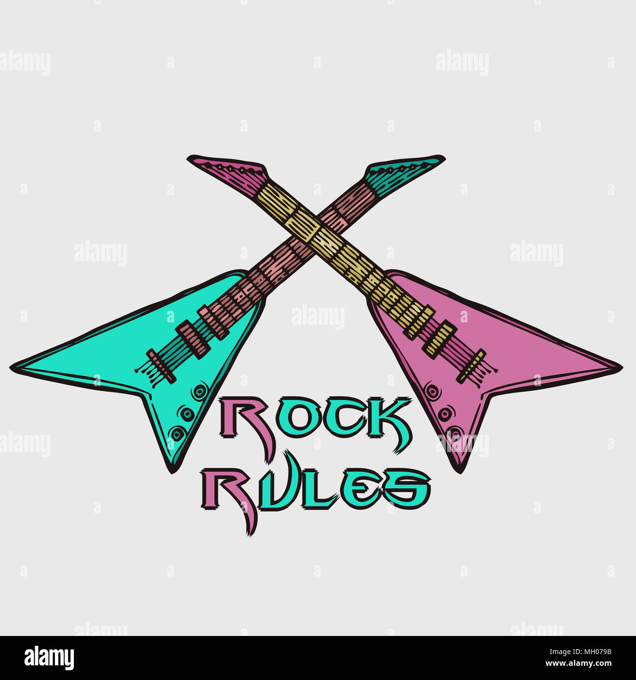 Rock Rulesl sign poster. Illustration with two electric guitars as metal music symbol. Stock Photo