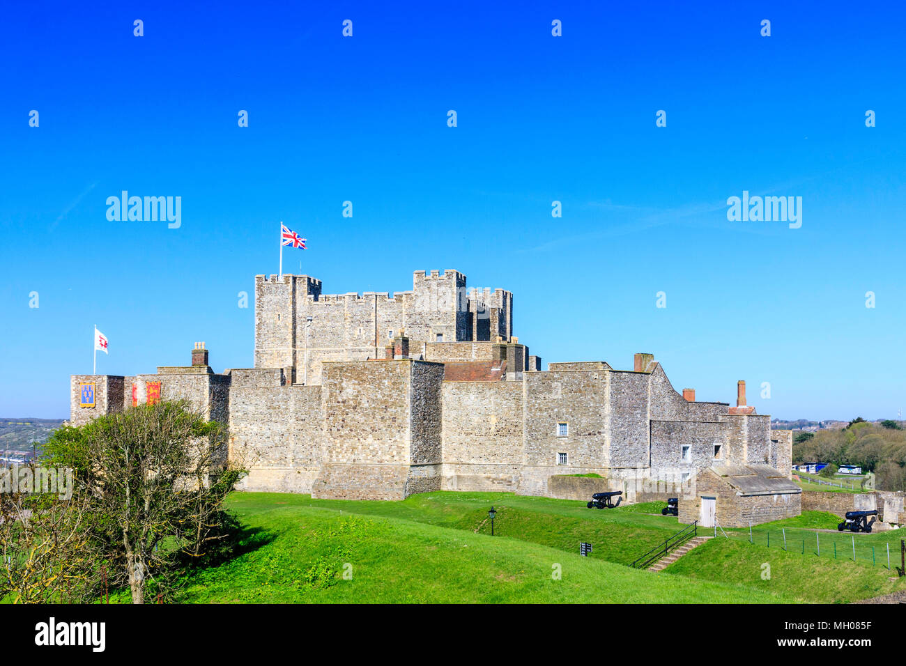 Dover castle, England. Inner bastion walls with towers and turrets and