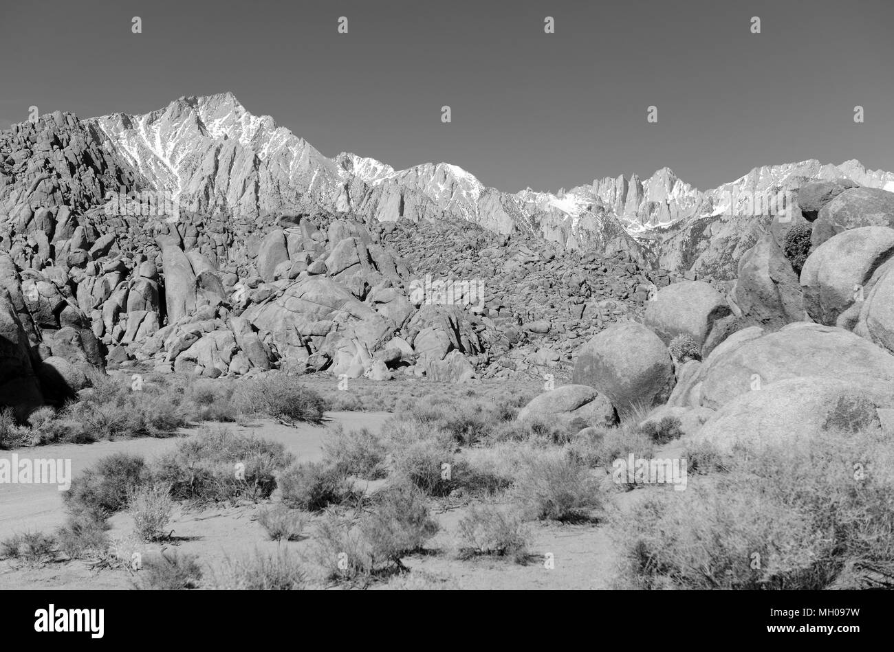Mount Whitney and the Alabama Hills, California 14er, state high point and highest peak in the lower 48 states, located in the Sierra Nevada Mountains Stock Photo