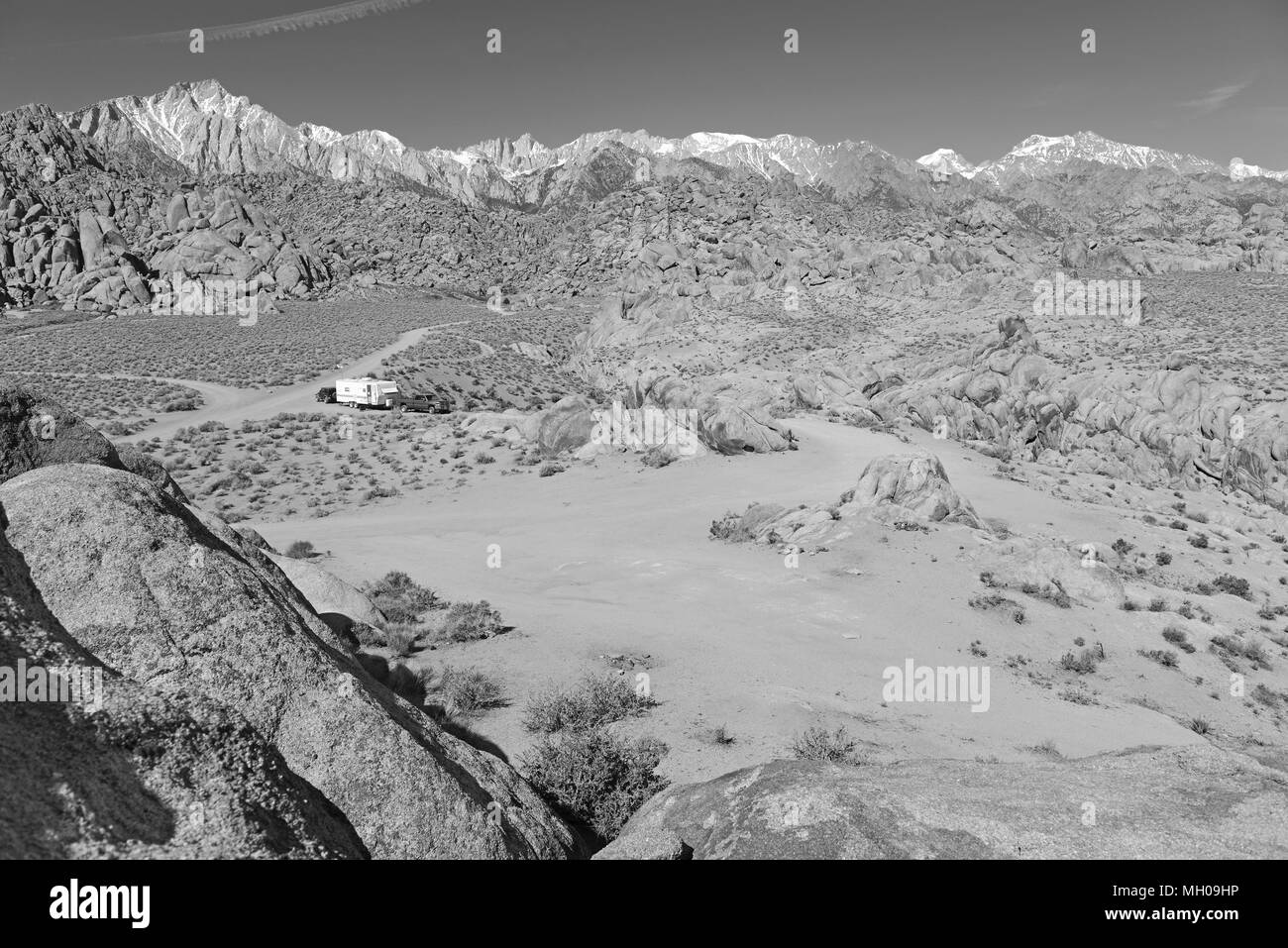 Mount Whitney and the Alabama Hills, California 14er, state high point and highest peak in the lower 48 states, located in the Sierra Nevada Mountains Stock Photo