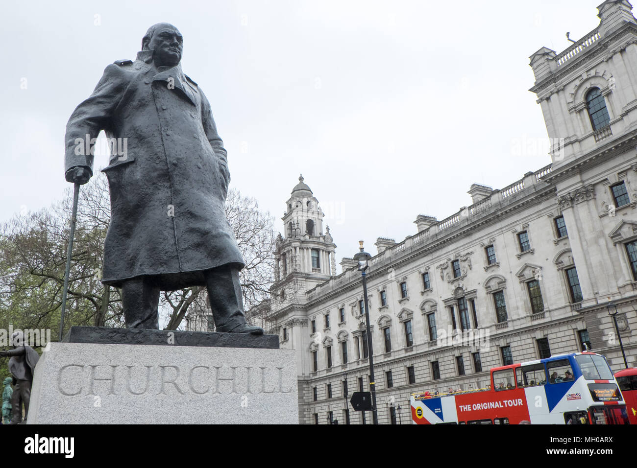 Famous,bronze,statue,of,Churchill,opposite,Houses of Parliament,on,Parliament Square,London