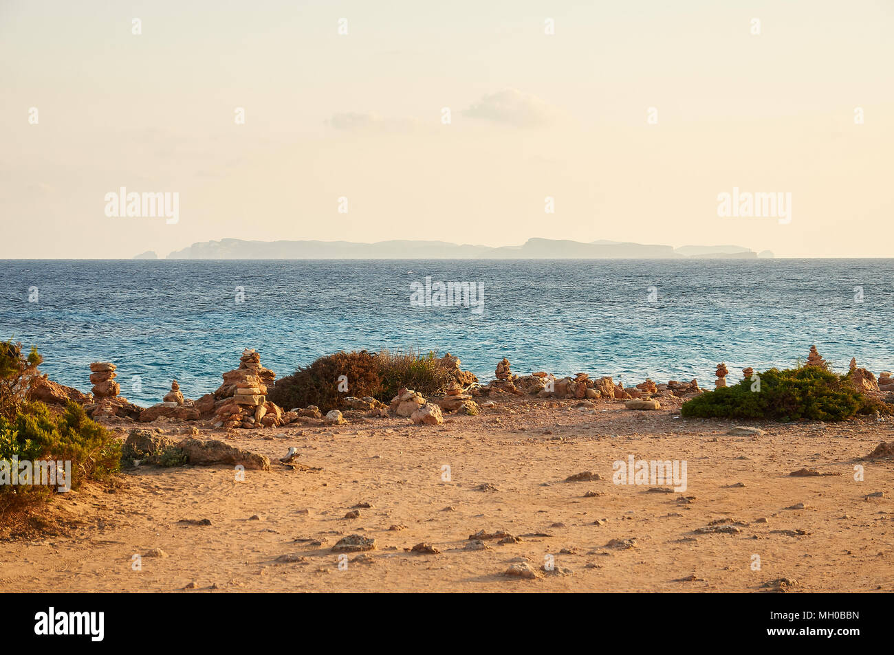 Panoramic view at sundown of Cabrera Archipelago from Cap de Ses Salines cape in Majorca (Balearic Islands, Spain) Stock Photo