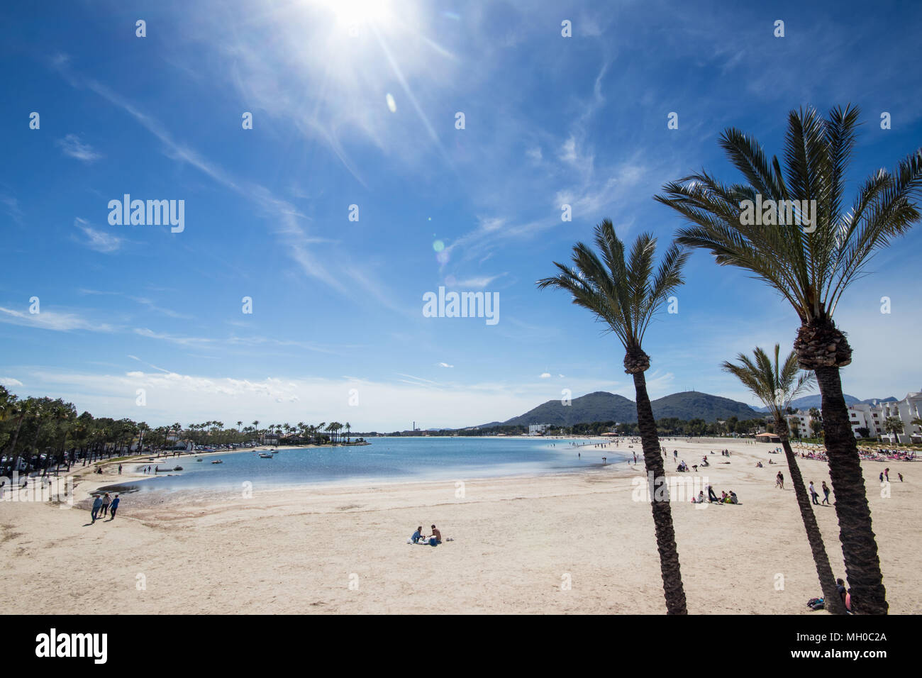 View of the sandy beach at the Bay of Alcudia, Port Alcudia, Majorca  (Mallorca), Balearic Islands, Spain, Europe Stock Photo - Alamy