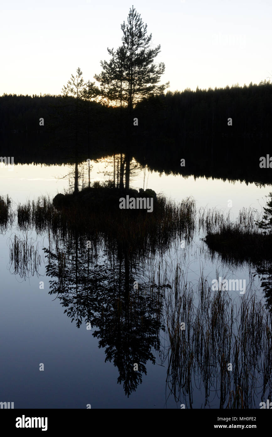 Evening sun sets on Norwegian lake at Nordbysjøen near Lillestrøm and Oslo, Norway Stock Photo