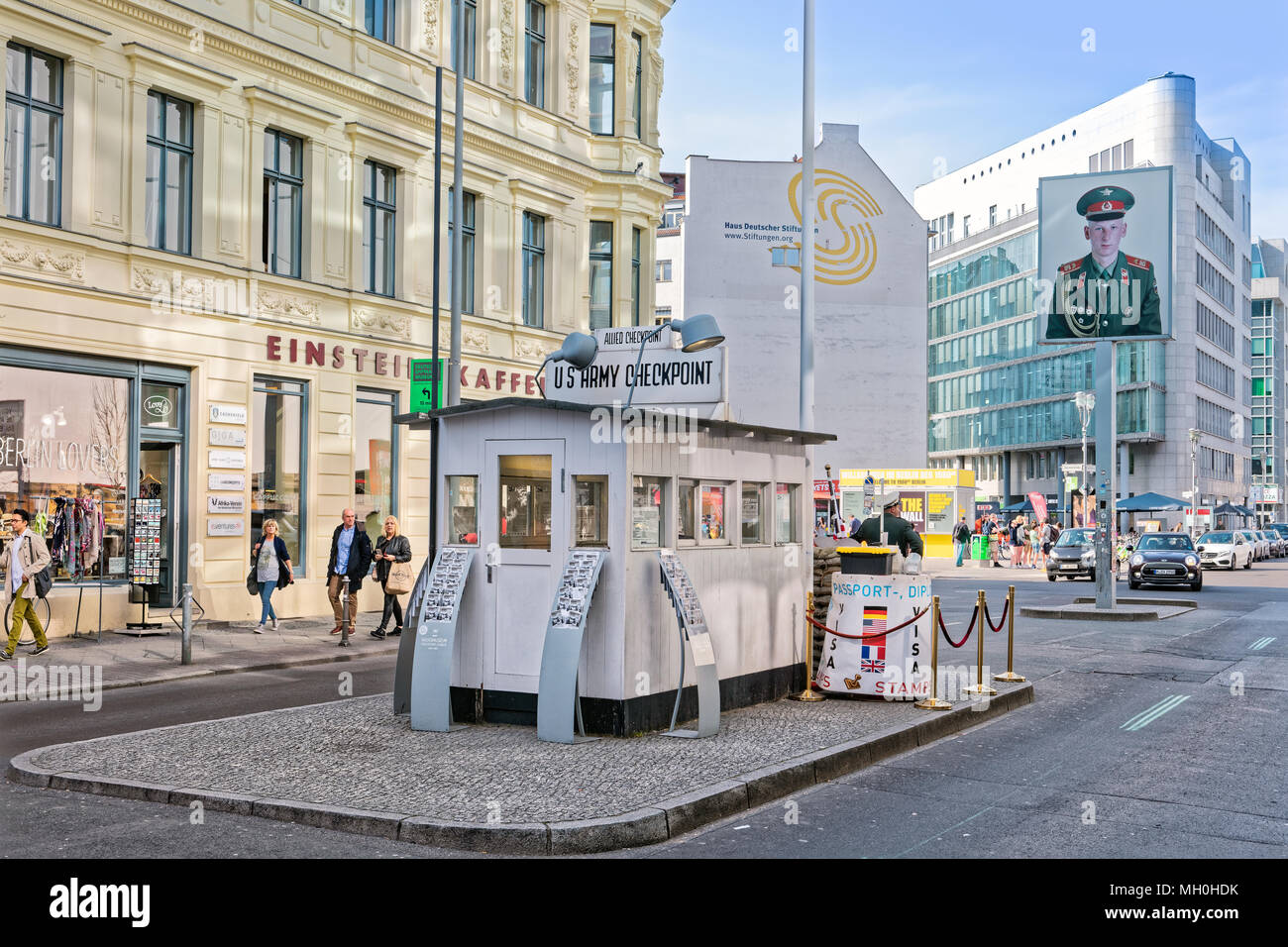 During the 'Cold War' Checkpoint Charlie used to be one of the most famous border crossings in the world. Nowadays it is a major tourist attraction in Stock Photo