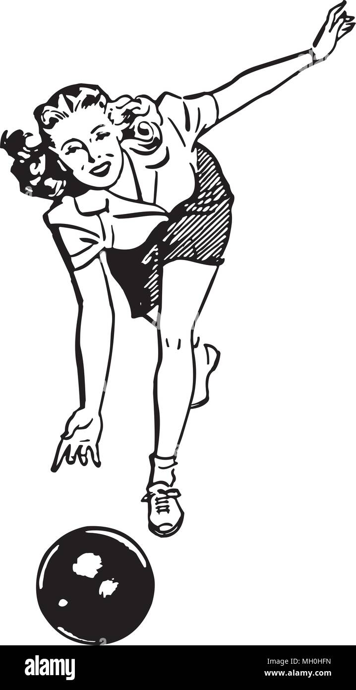 Woman Bowling - Retro Clipart Illustration Stock Vector Image \u0026 Art - Alamy, image size:718x1390