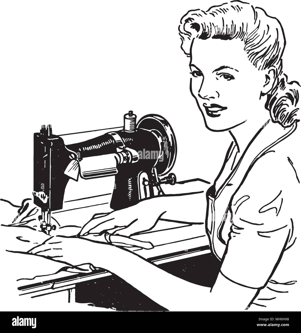 Woman Sewing - Retro Clipart Illustration Stock Vector
