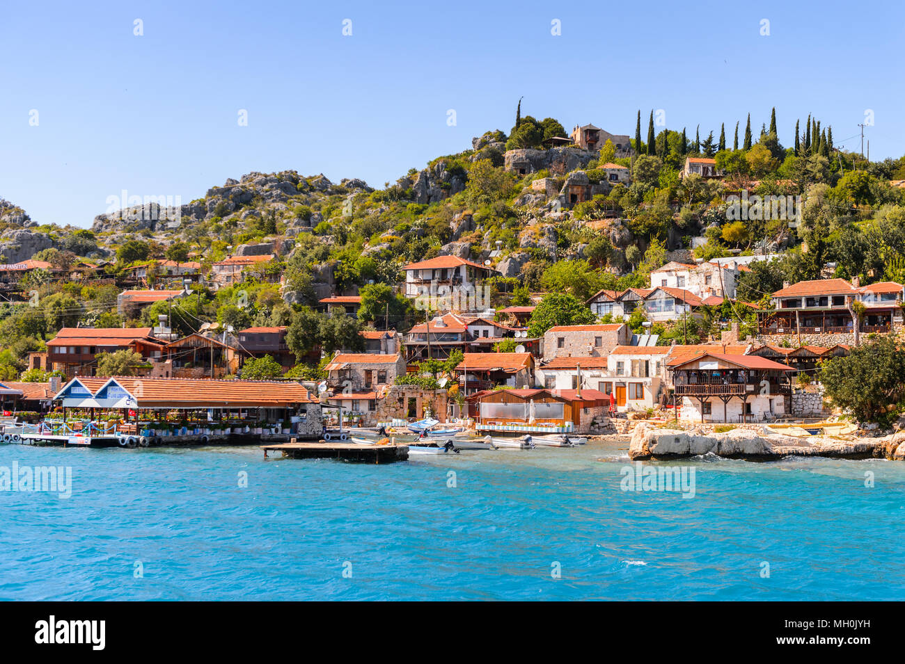 Kalekoy village (Simena) with the Byzantine castle in the center ...