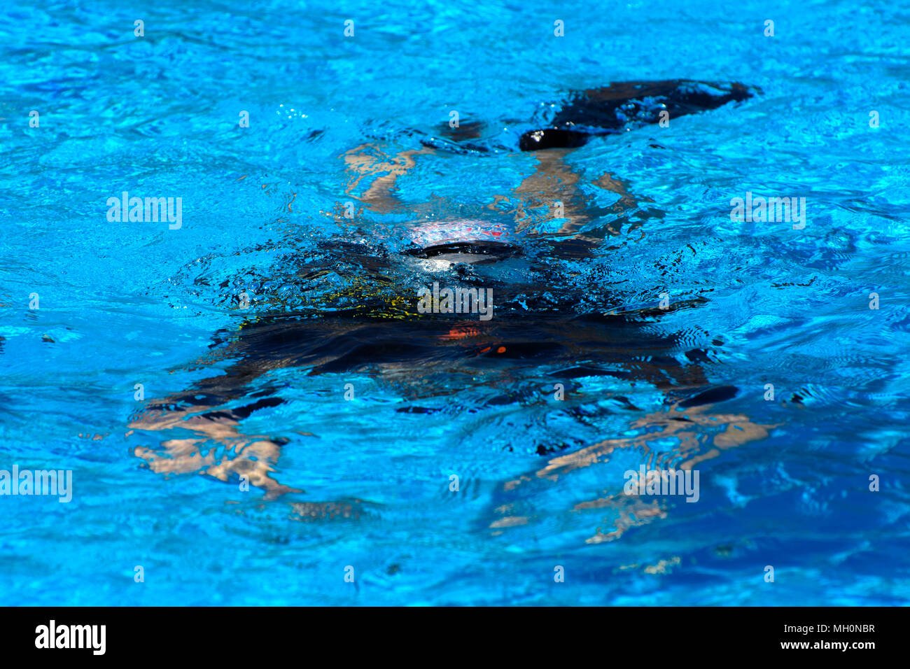 Divers sink in the pool. The teacher teaches the pupil the rules and