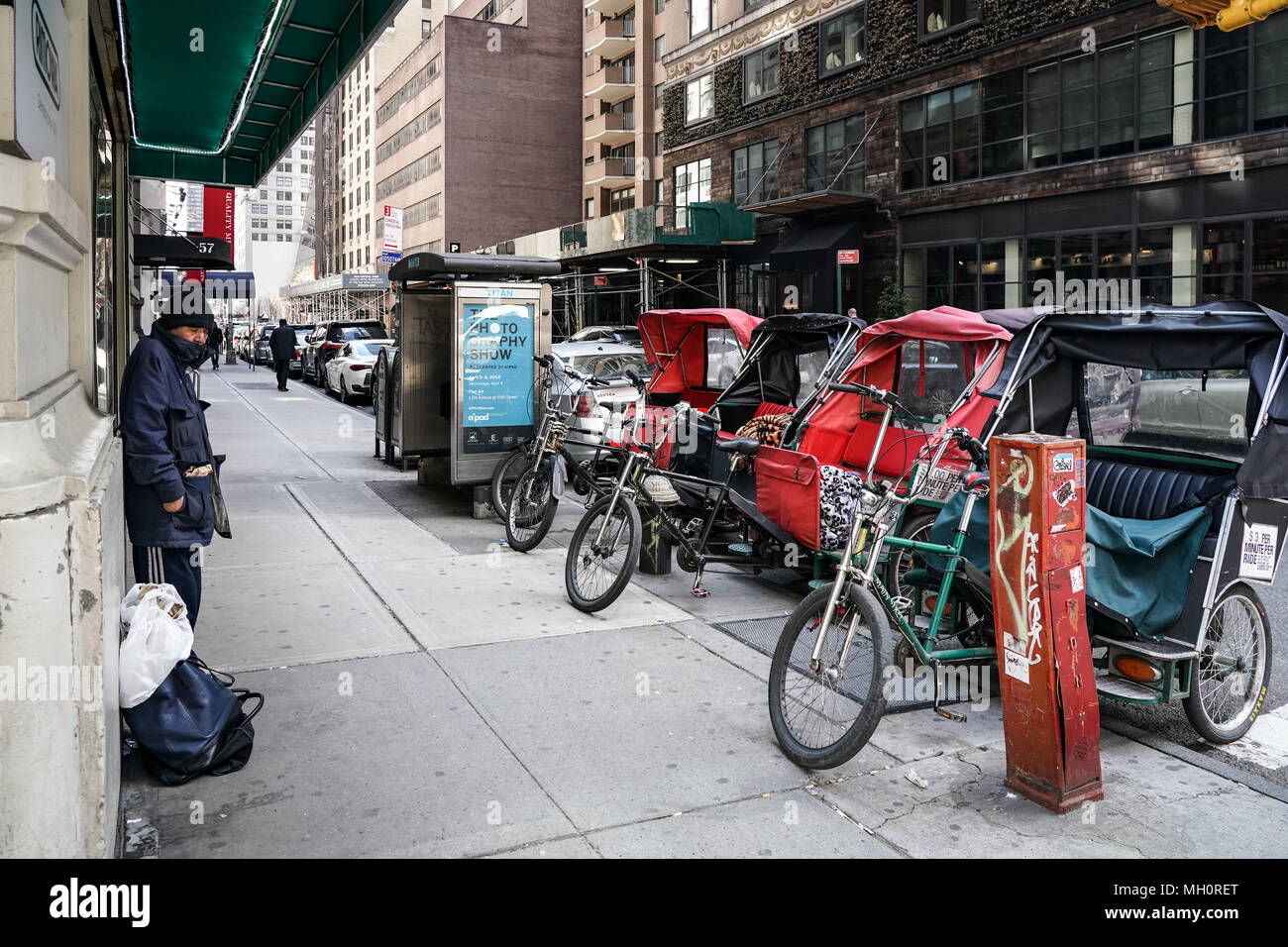 Tuk tuk bikes in New York City in the United States. From a series of travel photos in the United States. Photo date: Sunday, April 8, 2018. Photo: Ro Stock Photo