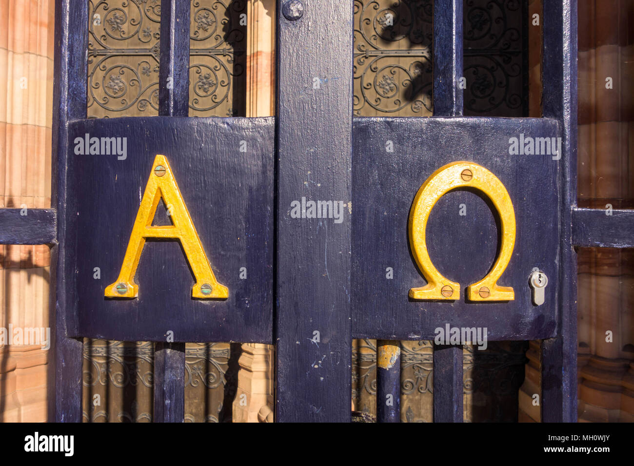 Christian symbols Alpha and Omega the first and last letters of the Greek alphabet, referring to Christ and God in the Book of Revelation. Stock Photo