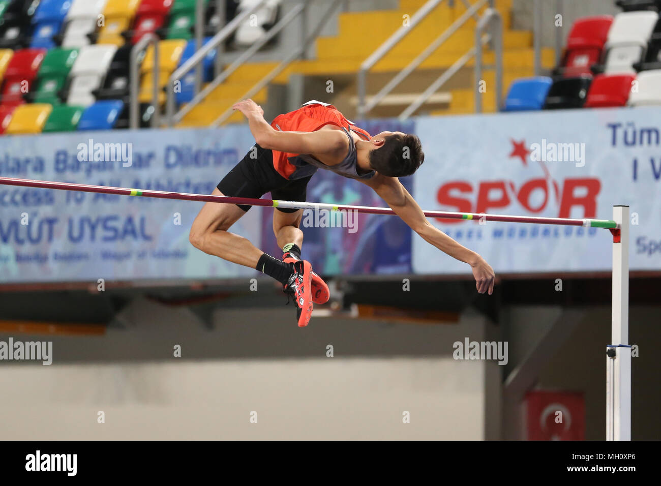 ISTANBUL, TURKEY - JANUARY 14, 2018: Undefined athlete high jumping ...