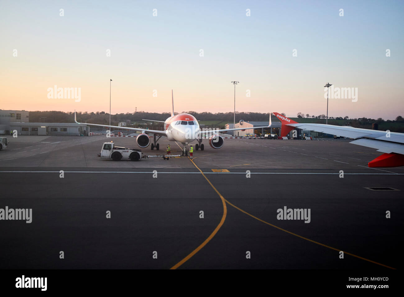 easyjet aircraft waiting to depart on the runway at bristol airport england uk Stock Photo