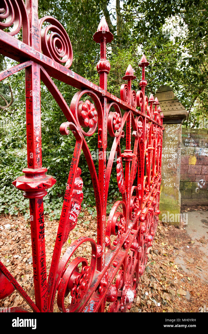 the gates to strawberry field made famous by the beatles song strawberry fields forever written by john lennon who lived nearby liverpool merseyside e Stock Photo