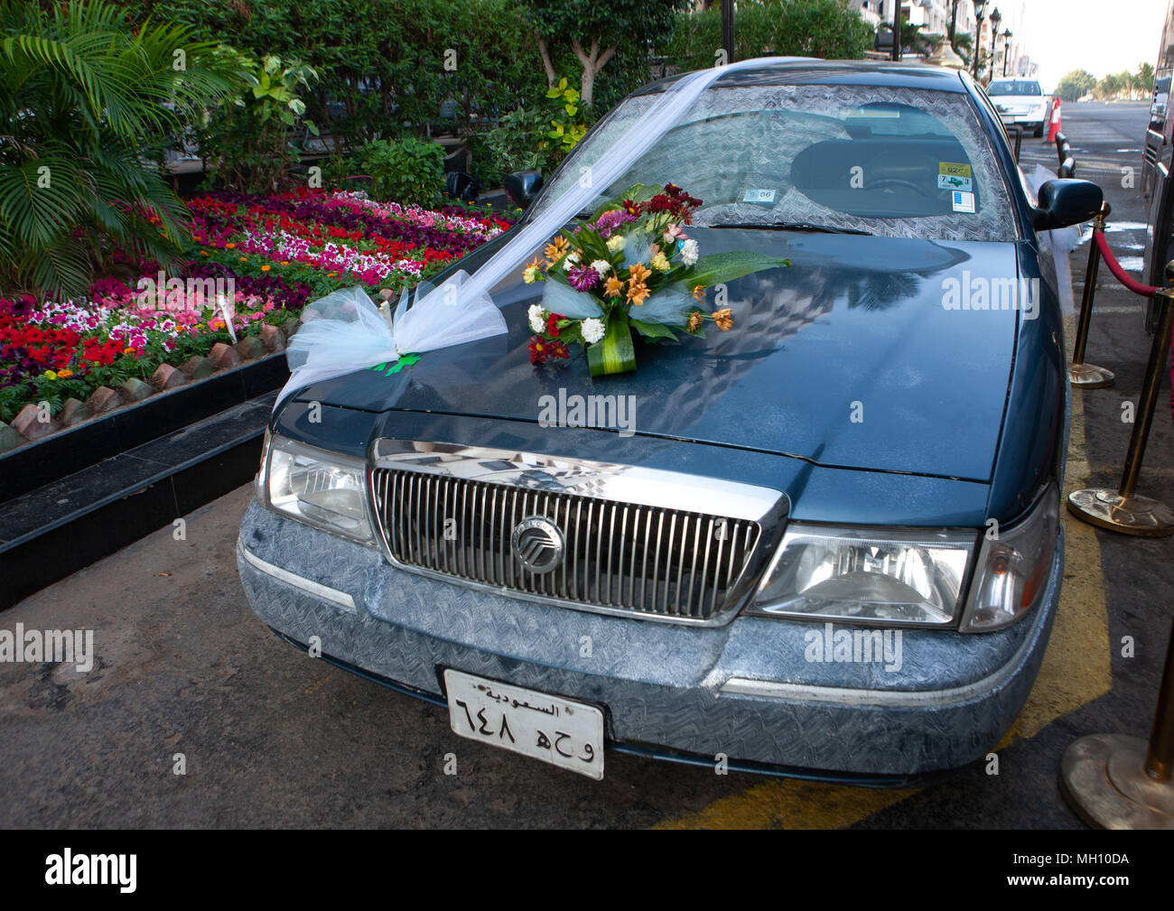 Car in the street decorated for a wedding, Hijaz Tihamah region, Jeddah, Saudi Arabia Stock Photo