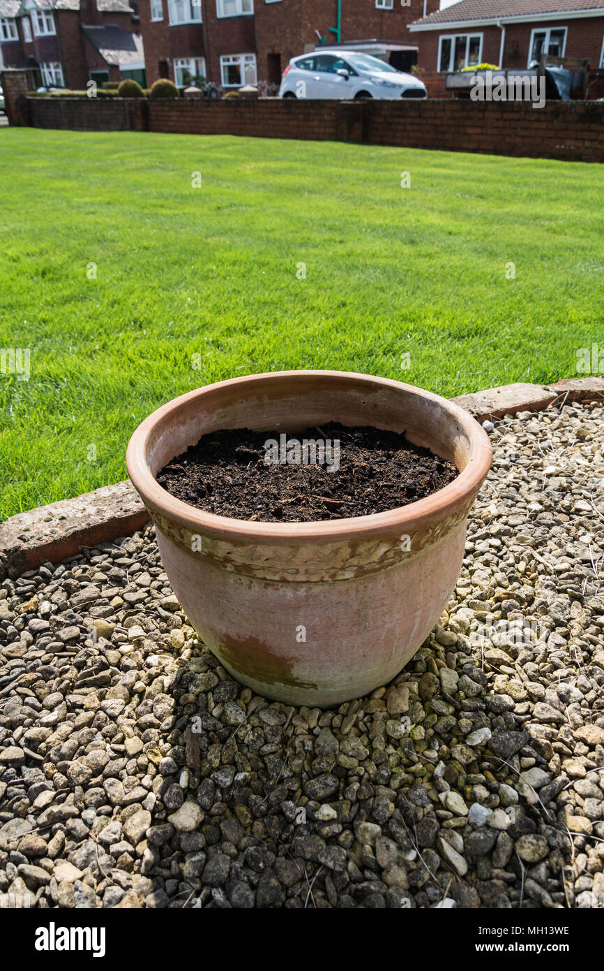 A large terracotta plant pot with fresh compost ready for planting. UK gardening. Getting ready in spring. Stock Photo
