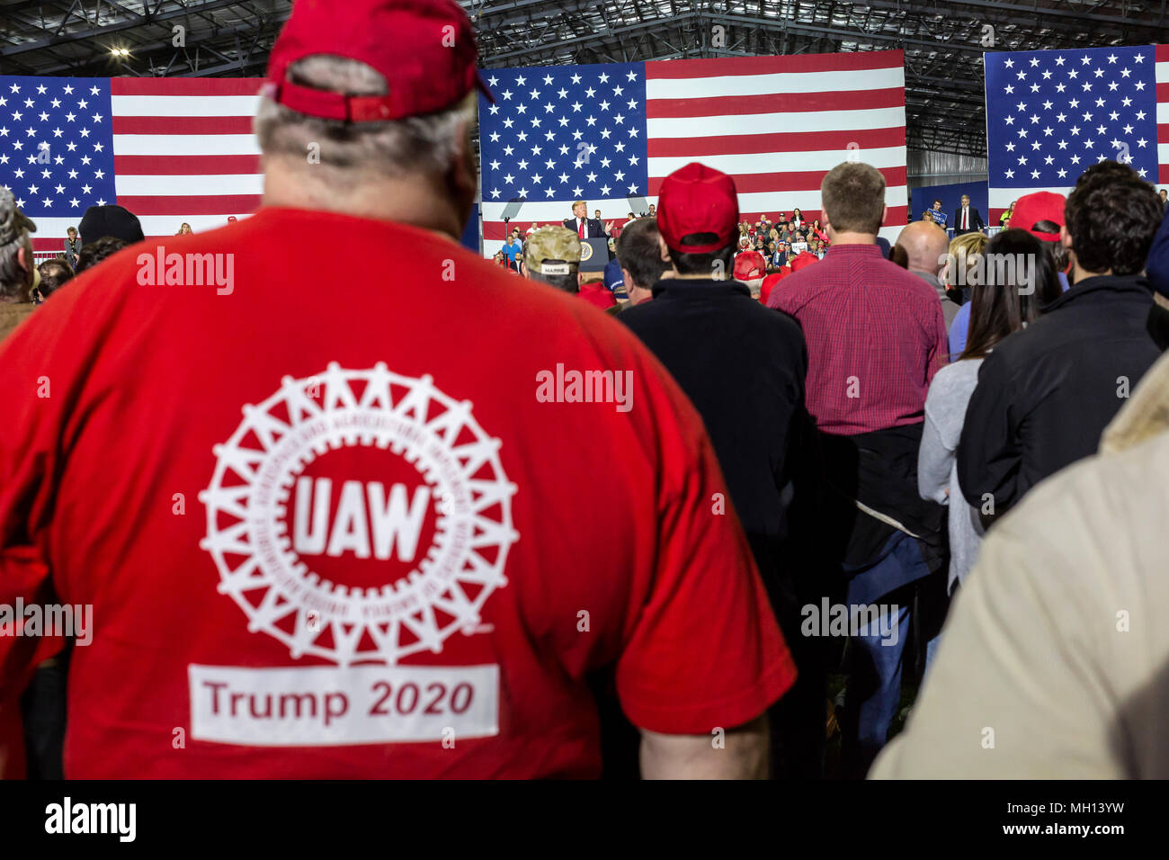 Washington Township, Michigan - A member of the United Auto Workers union attended a President Donald Trump campaign rally in Macomb County, Michigan. Stock Photo