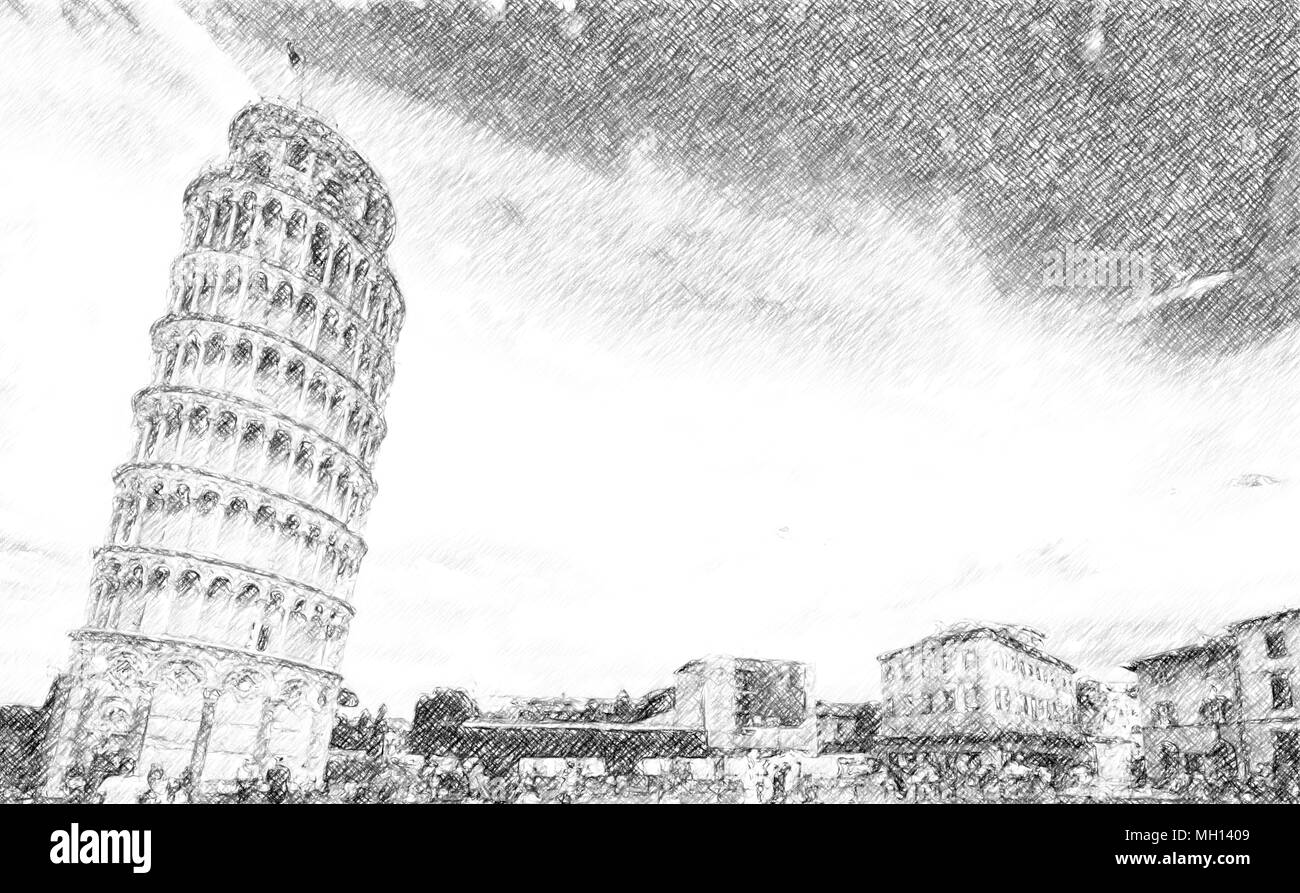 illustration of public Square of miracles in Pisa with the leaning tower, one of the most famous landmarks of Italy Stock Photo