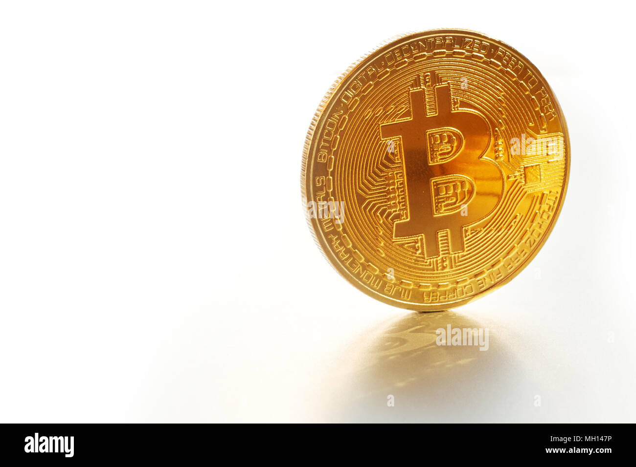 shiny golden bitcoin on white background, isolated. digital currency, bit  coin, cryptocurrency concept.space for text, digital money with reflection  Stock Photo - Alamy