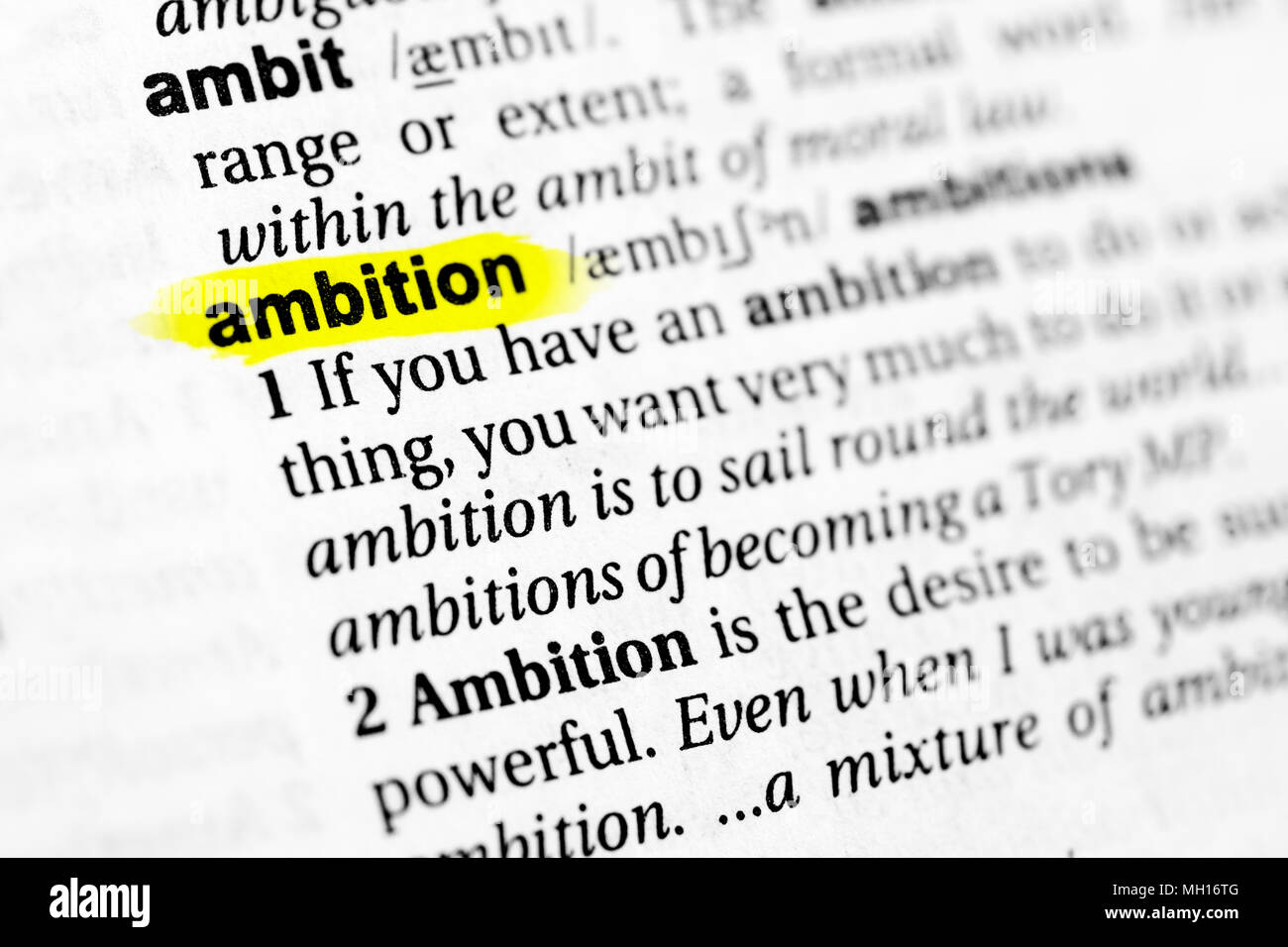 Highlighted English Word Ambition And Its Definition In The Dictionary Stock Photo Alamy