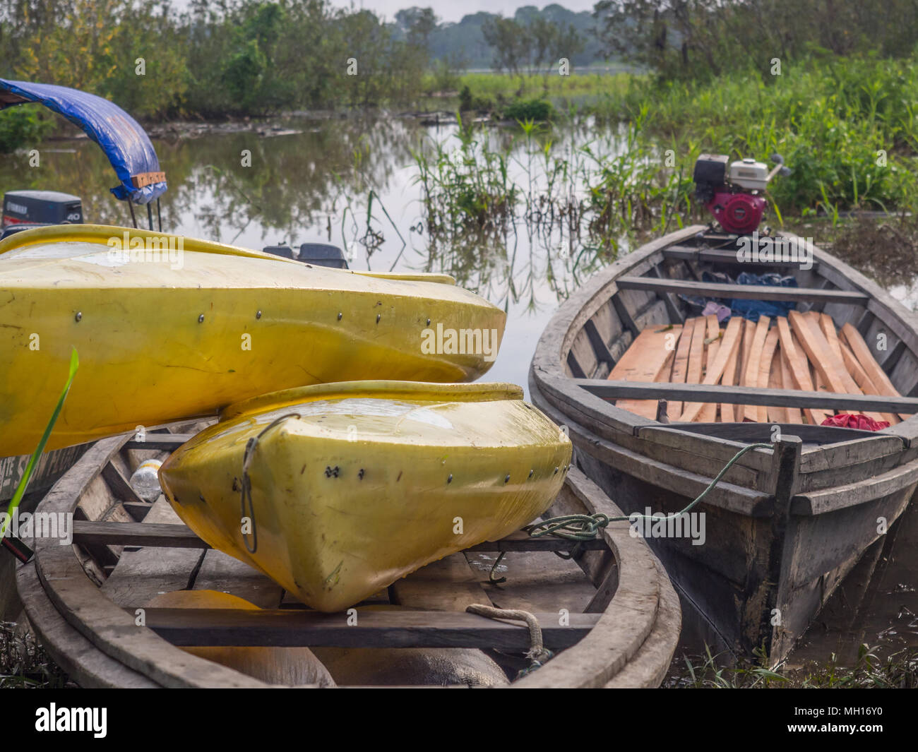 Wooden boats and kayaks in the Amazon jungle Stock Photo Alamy