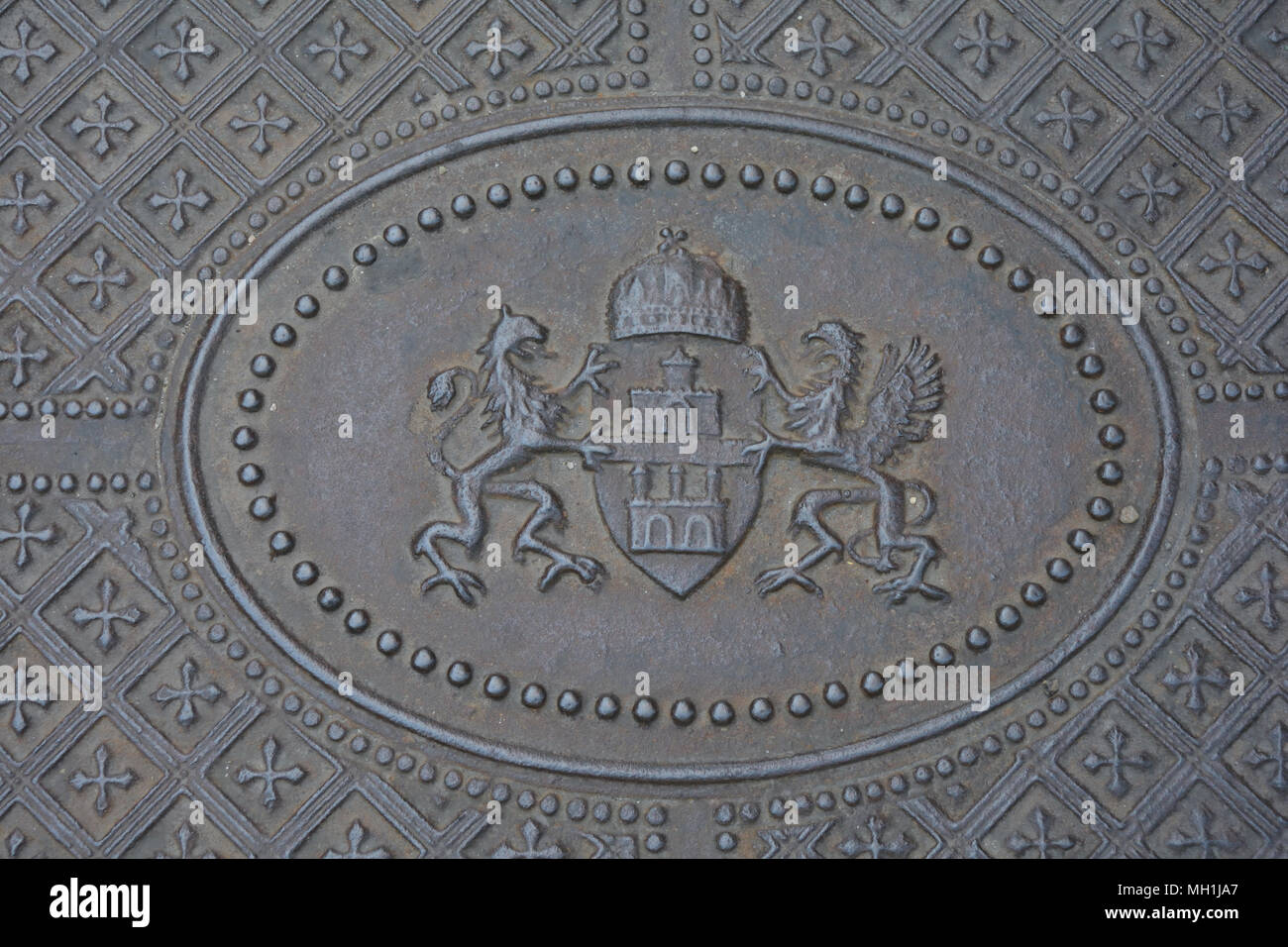 Man hole cover in the Hungarian capital Budapest - Hungary. Stock Photo