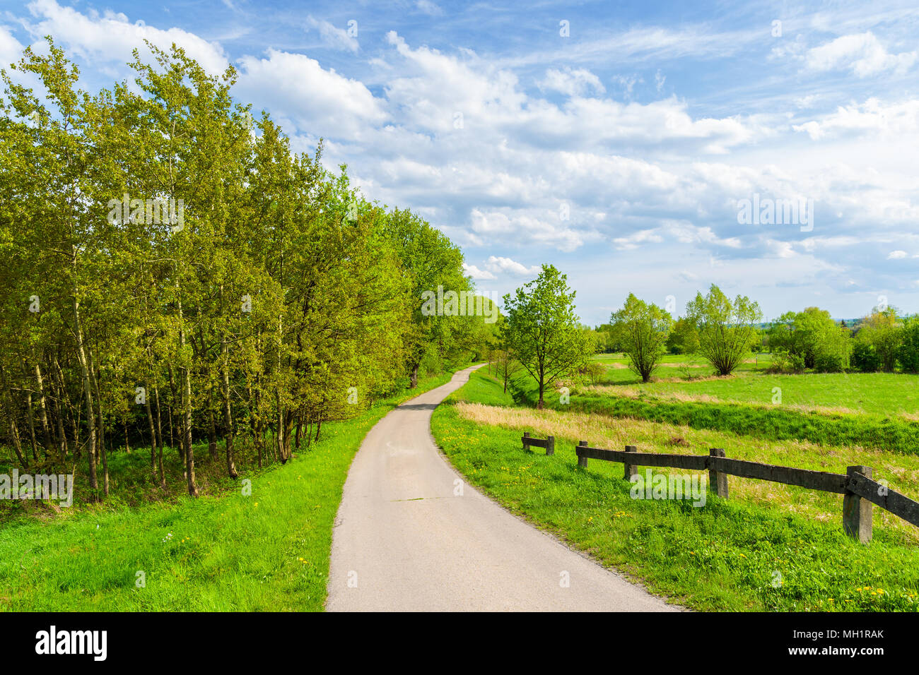 Rural road along Vistula river among green fields near Krakow city during spring season, Poland Stock Photo