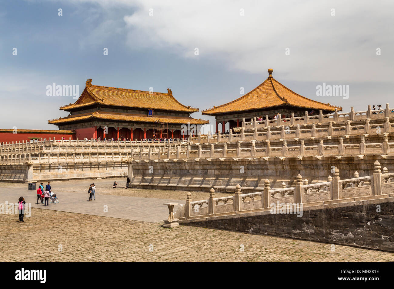 Above a marble three tiered terrace stands the Hall of Central Harmony with the Hall of Preserving Harmony behind. Forbidden City, Beijing, China. Stock Photo