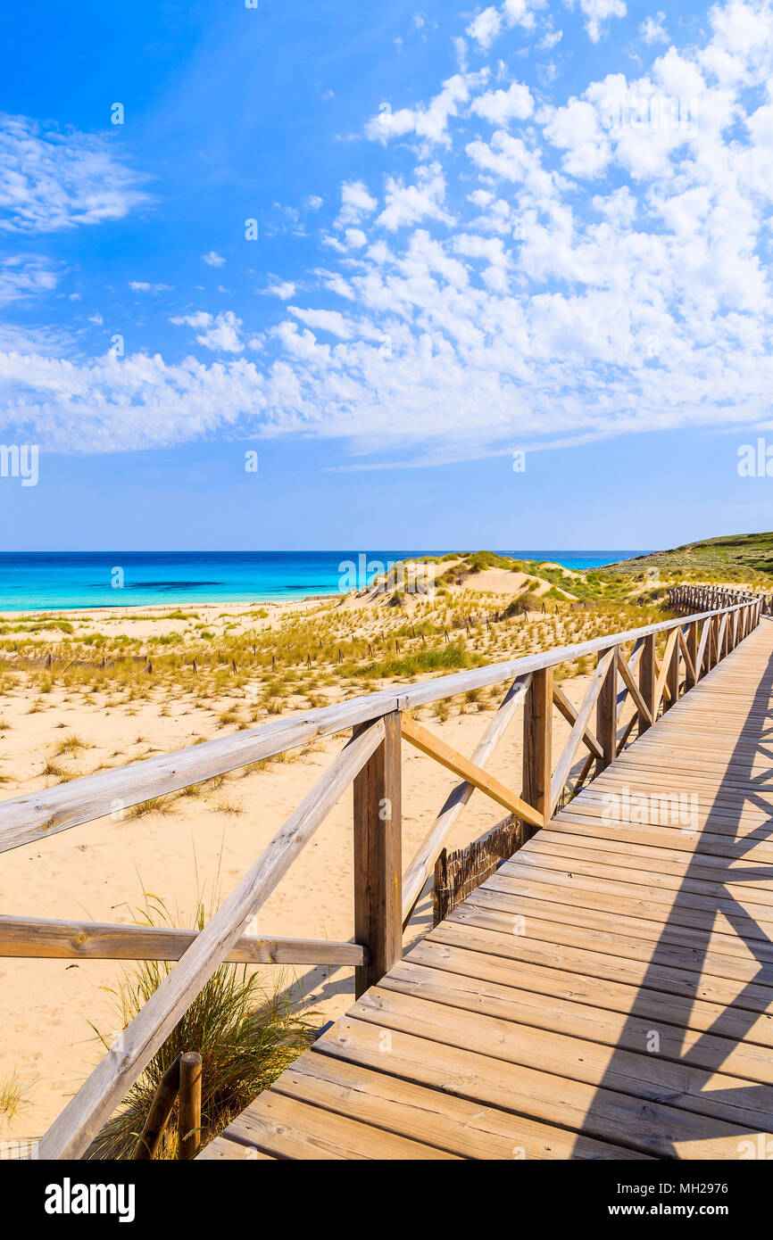Walkway on sand dunes to Cala Mesquida beach, Majorca island, Spain Stock Photo