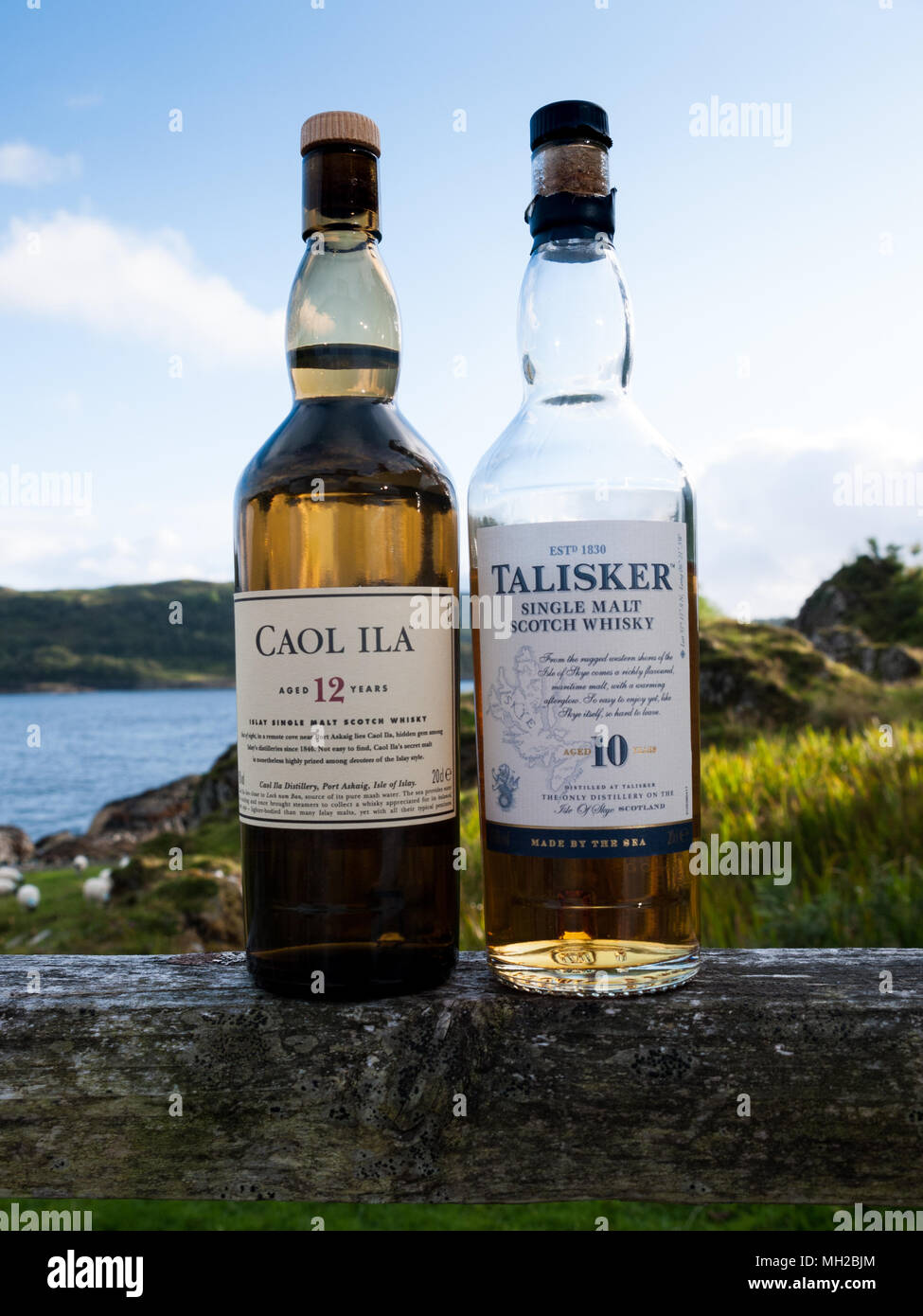 Bottles of Scotch whisky in a Scottish landscape Stock Photo Alamy