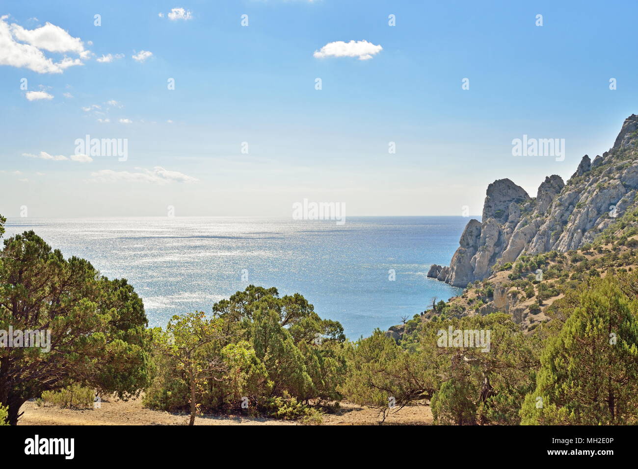 The sea and coastal cliffs from the high Bank. New World. Crimea. Sudak Stock Photo